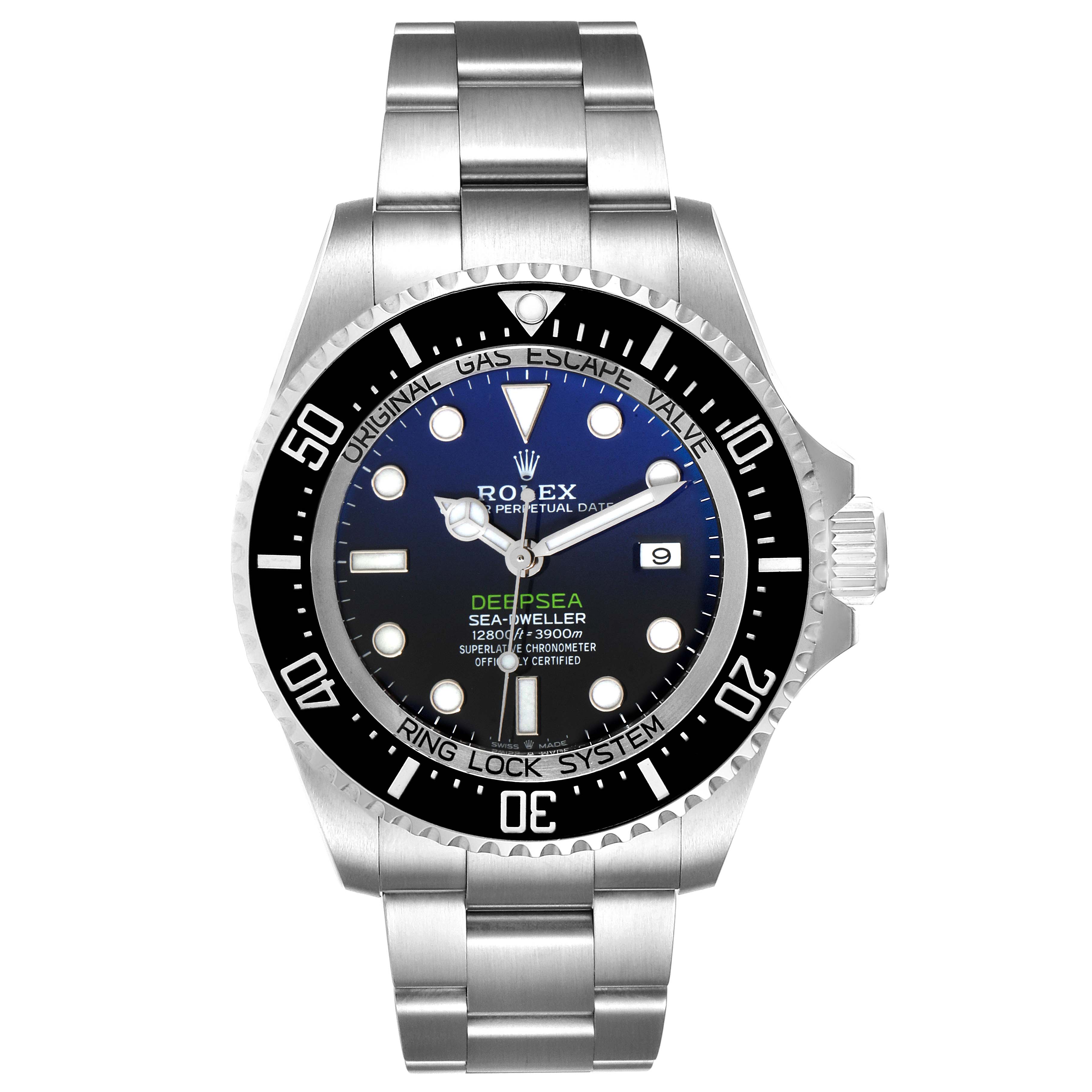 The image shows a front view of a Rolex Sea-Dweller 126660 Men
s Stainless Steel Blue Dial 126660 Men
s Stainless Steel Blue Dial watch, highlighting its face, bezel, and bracelet.
