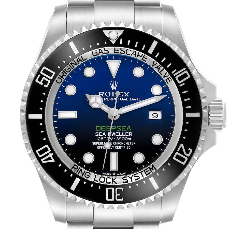 The Rolex Sea-Dweller watch is shown from a front angle, highlighting the dial, bezel, and crown.