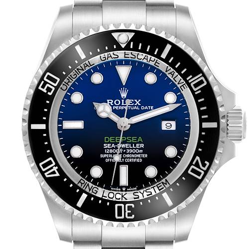 The Rolex Sea-Dweller watch is shown from a front angle, highlighting the dial, bezel, and crown.