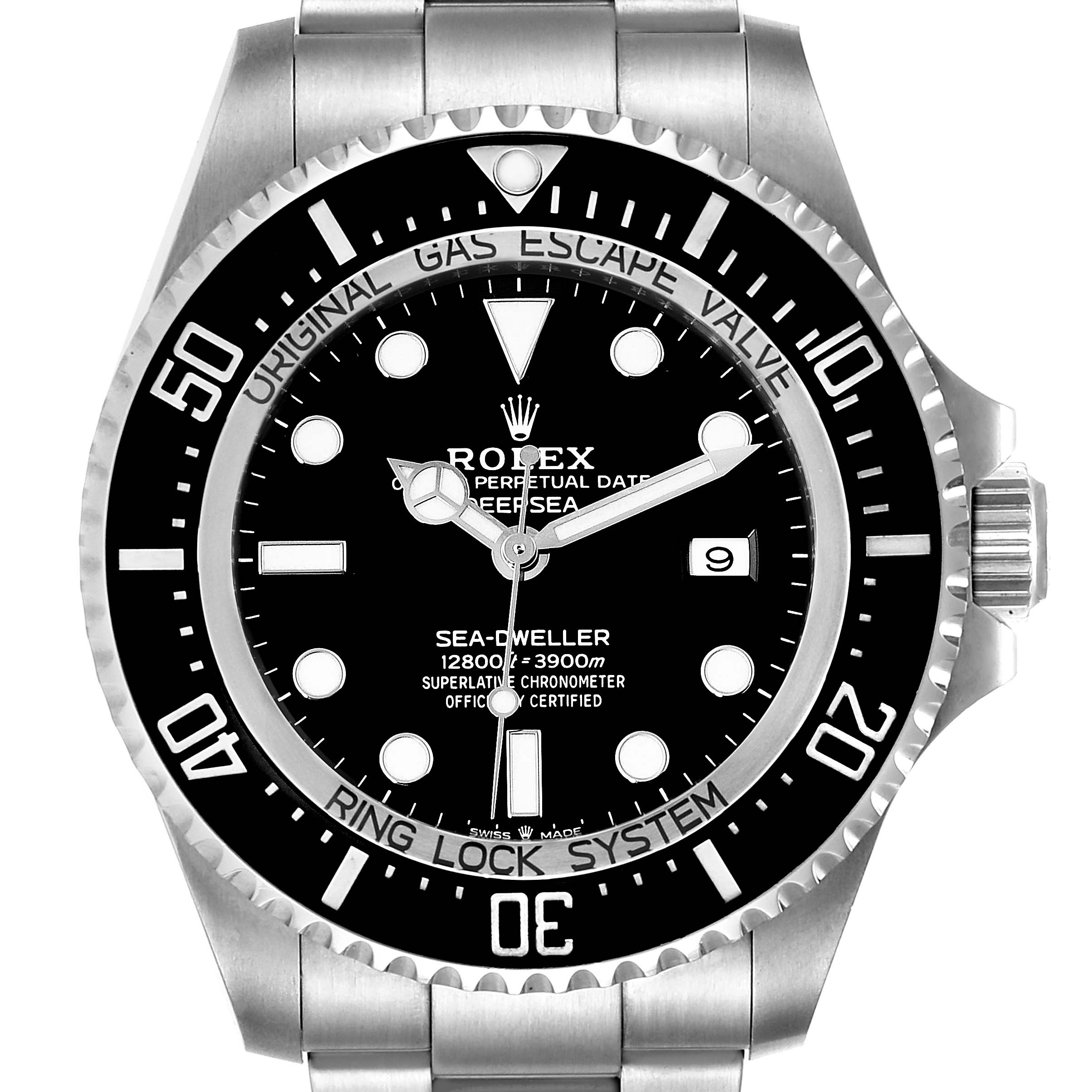 The image shows a front view of the Rolex Sea-Dweller 126660 Men
s Stainless Steel Black Dial 126660 Men
s Stainless Steel Black Dial with its bezel, dial, hands, bracelet, and date window visible.