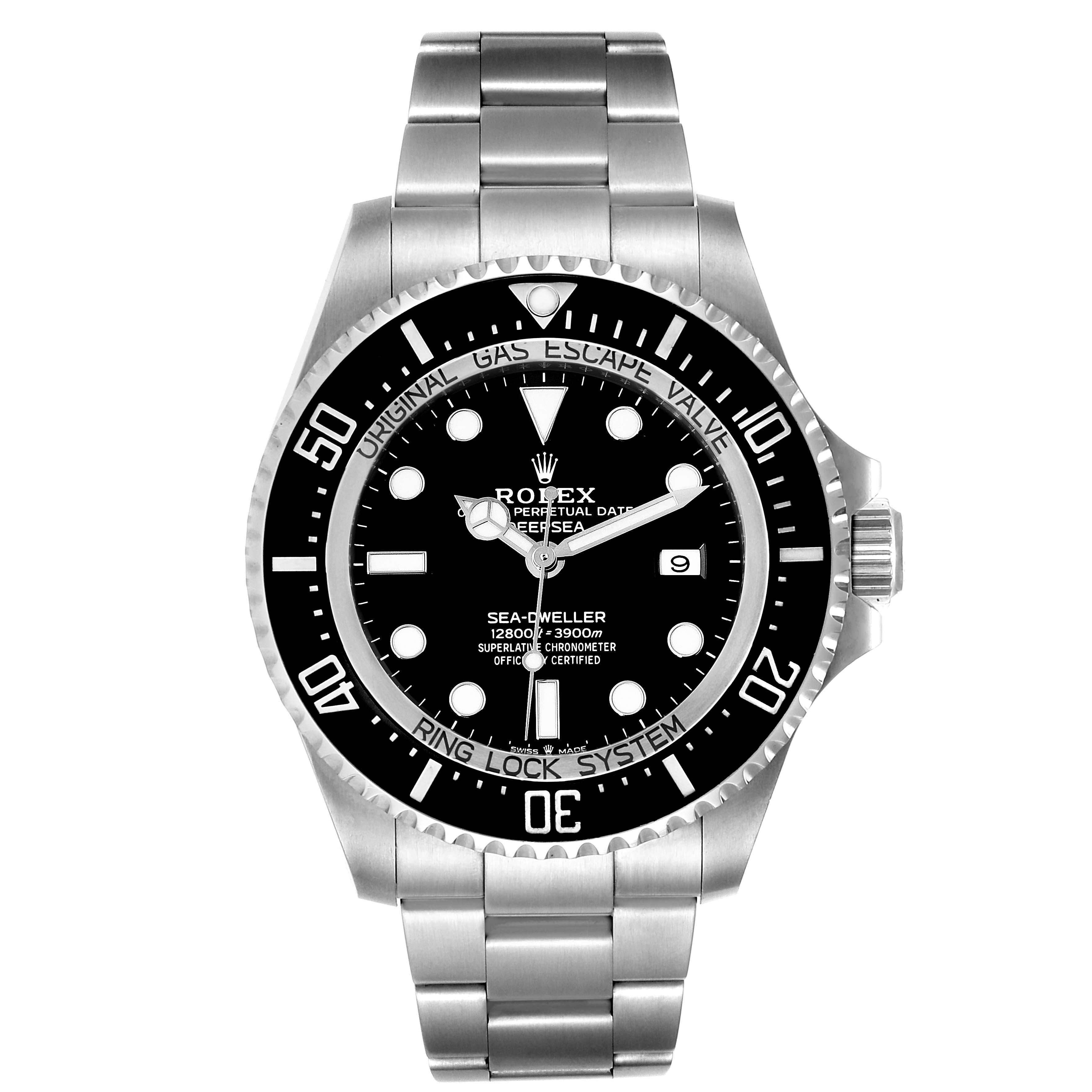 The image shows a front view of the Rolex Sea-Dweller 126660 Men
s Stainless Steel Black Dial 126660 Men
s Stainless Steel Black Dial watch, displaying its face, bezel, and stainless steel bracelet.