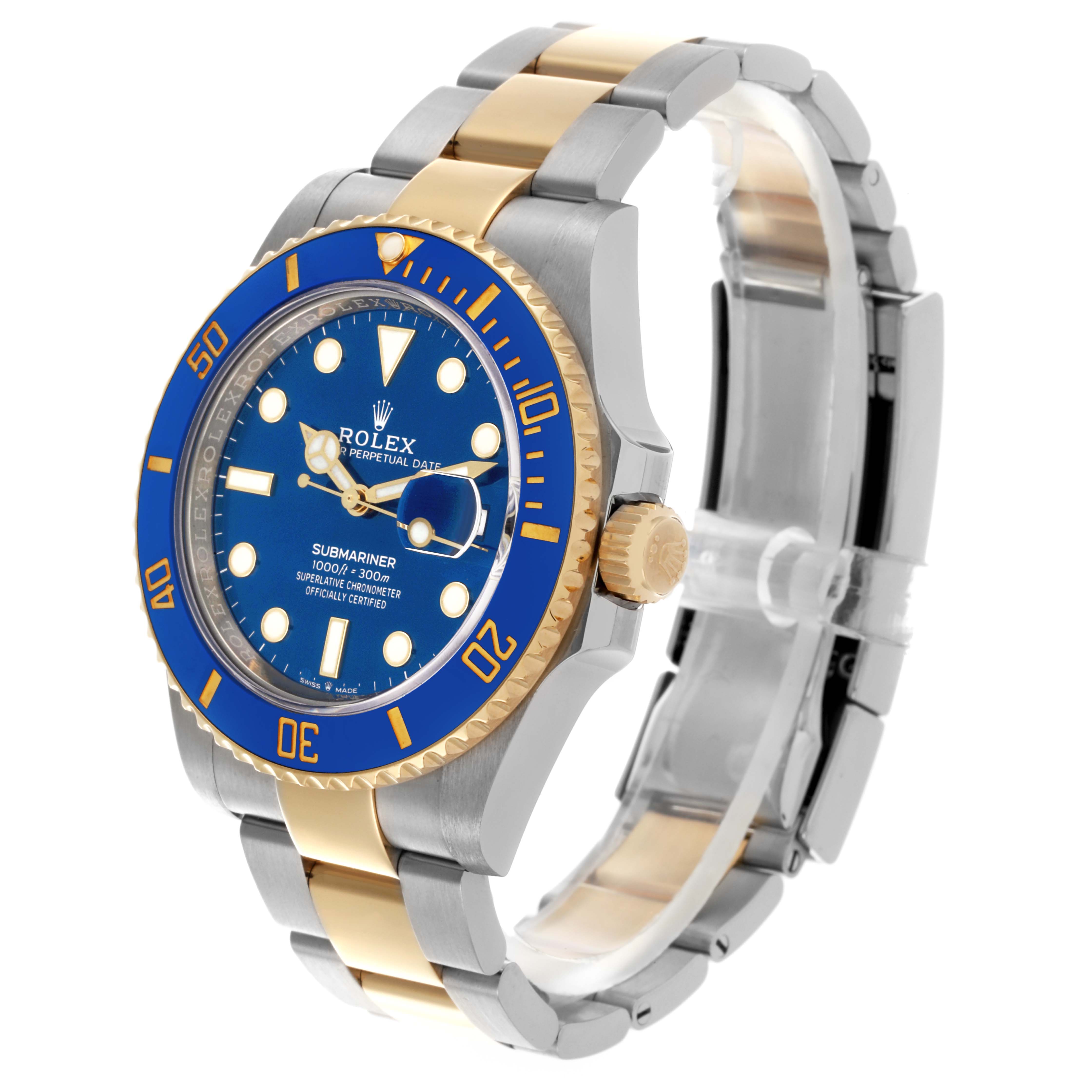 The Rolex Submariner 126613LB Men's Steel and Gold (two tone) Blue Dial 126613LB Men's Steel and Gold (two tone) Blue Dial watch is shown at an angled view, highlighting the blue bezel, dial, and two-tone bracelet.
