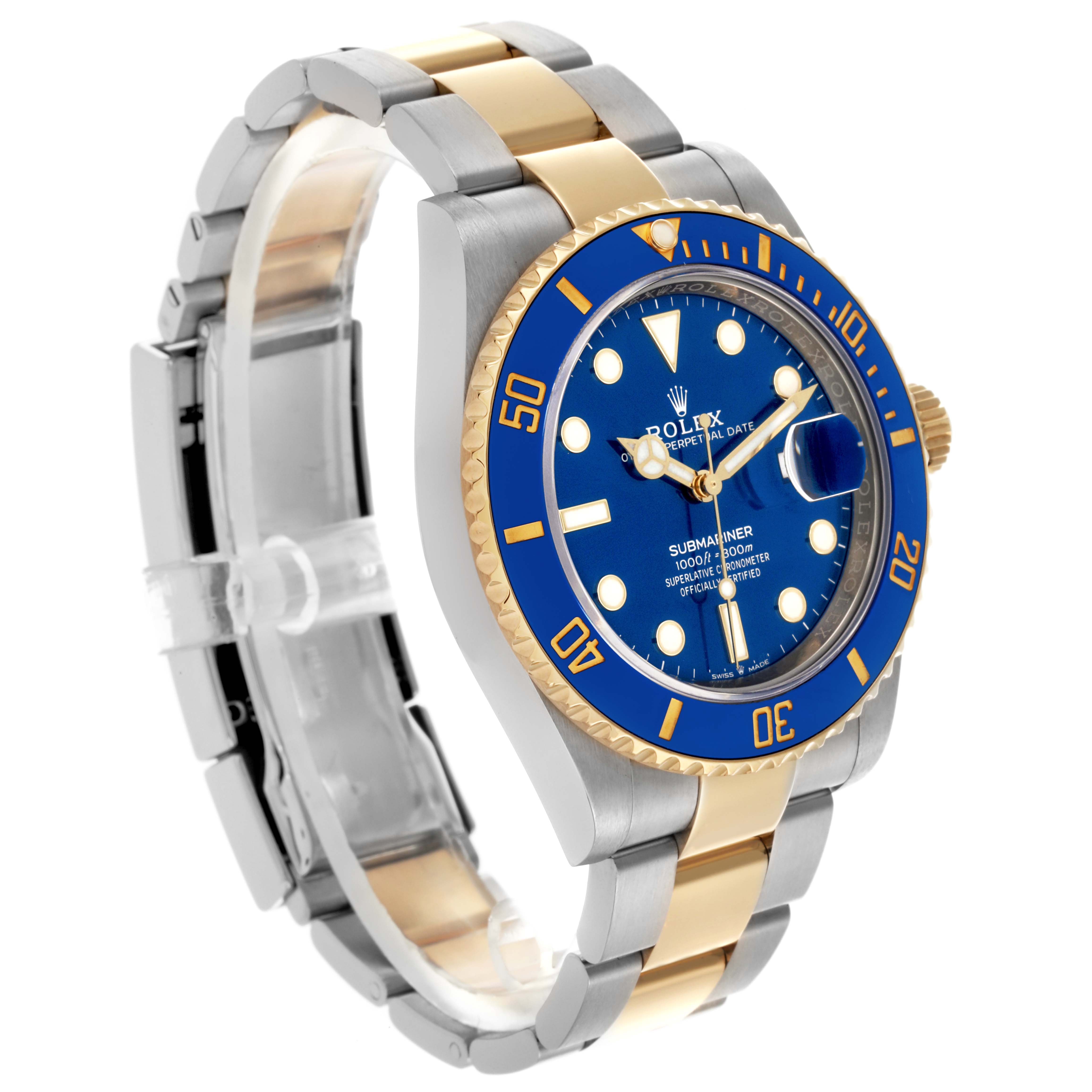 The Rolex Submariner 126613LB Men's Steel and Gold (two tone) Blue Dial 126613LB Men's Steel and Gold (two tone) Blue Dial watch is shown at a side angle, highlighting the blue bezel, dial, and two-tone bracelet.