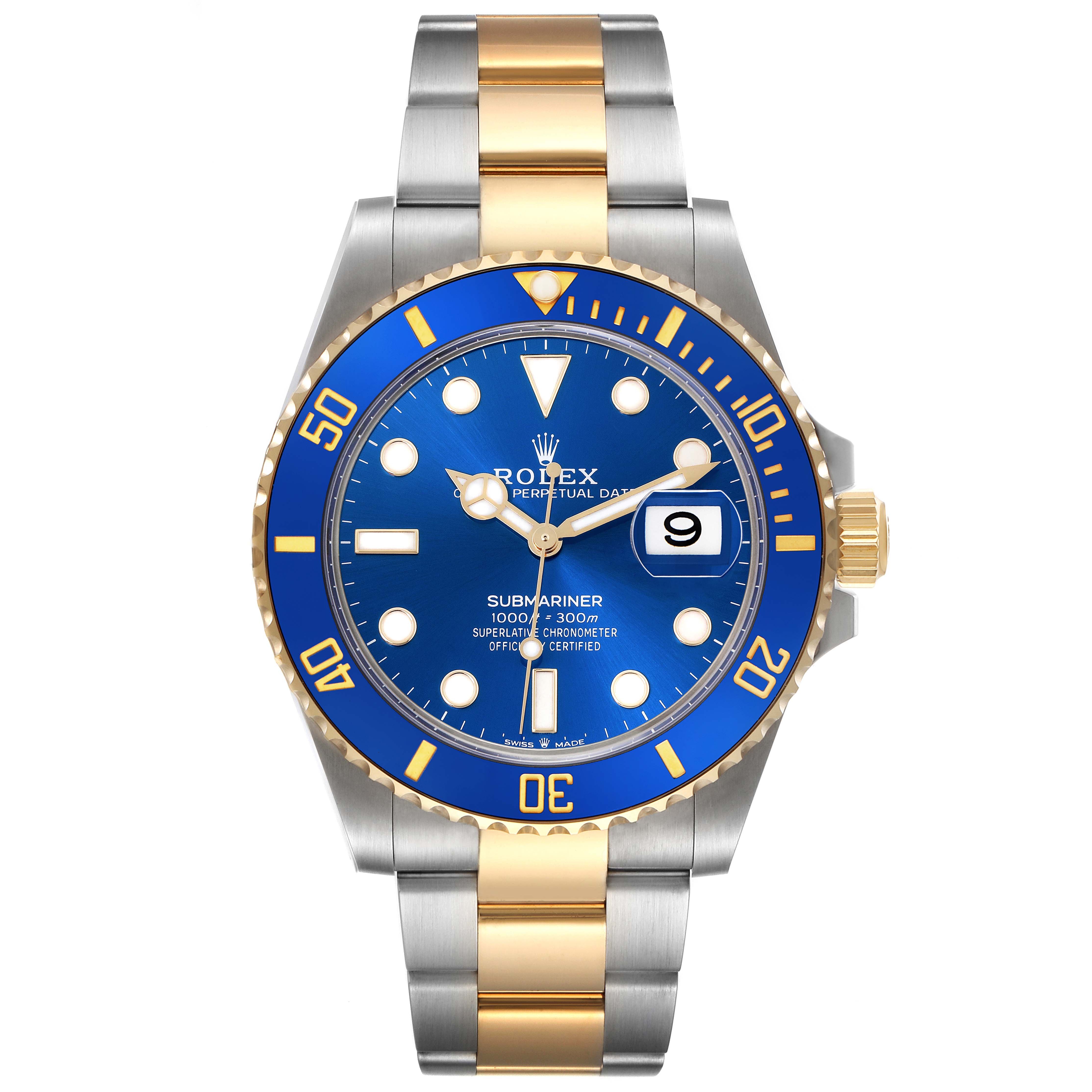 The Rolex Submariner 126613LB Men's Steel and Gold (two tone) Blue Dial 126613LB Men's Steel and Gold (two tone) Blue Dial watch is shown from the front, displaying its blue dial, gold and steel bracelet, and blue bezel.