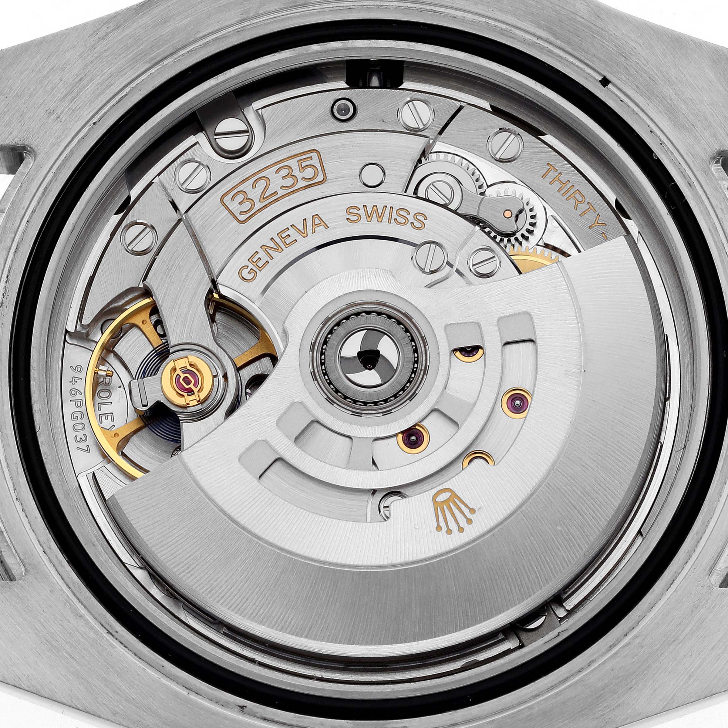 The image shows the back movement of a Rolex Submariner 126613LB Men's Steel and Gold (two tone) Blue Dial 126613LB Men's Steel and Gold (two tone) Blue Dial, highlighting the intricate mechanism and rotor.