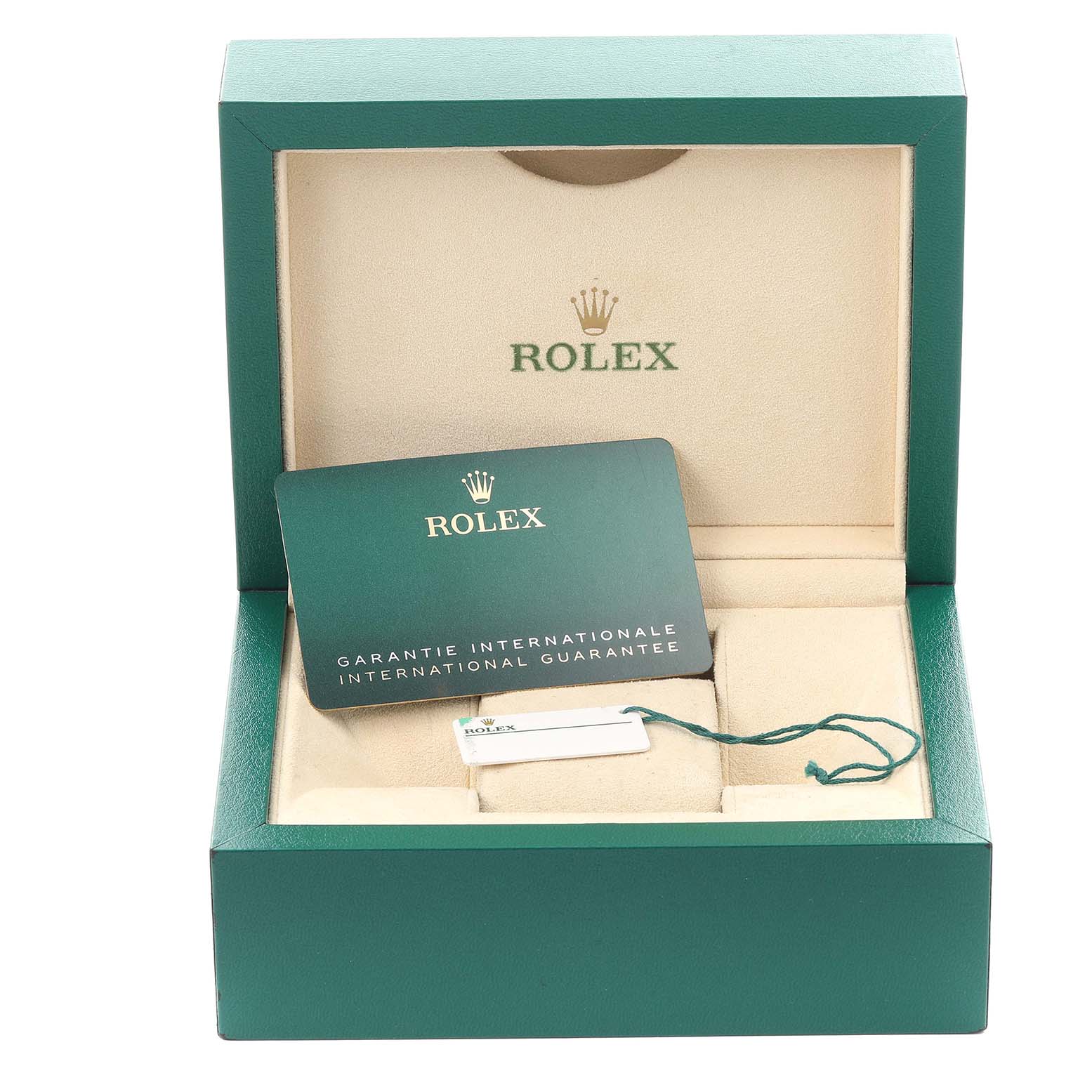 The image shows the open box for a Rolex Submariner 126613LB Men's Steel and Gold (two tone) Blue Dial 126613LB Men's Steel and Gold (two tone) Blue Dial with a guarantee card and tag inside.