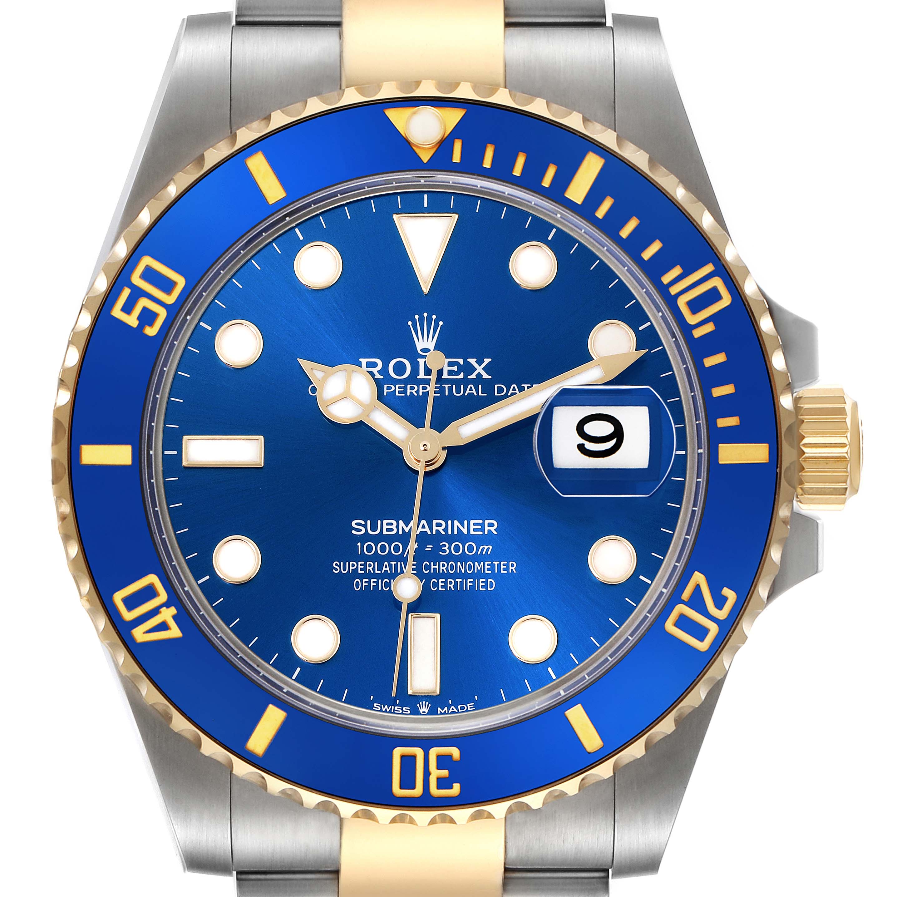 The image shows a Rolex Submariner 126613LB Men's Steel and Gold (two tone) Blue Dial 126613LB Men's Steel and Gold (two tone) Blue Dial watch from the front, highlighting the dial, bezel, crown, and part of the bracelet.