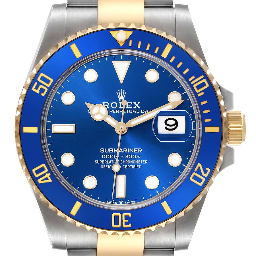 The image shows a Rolex Submariner watch from the front, highlighting the dial, bezel, crown, and part of the bracelet.