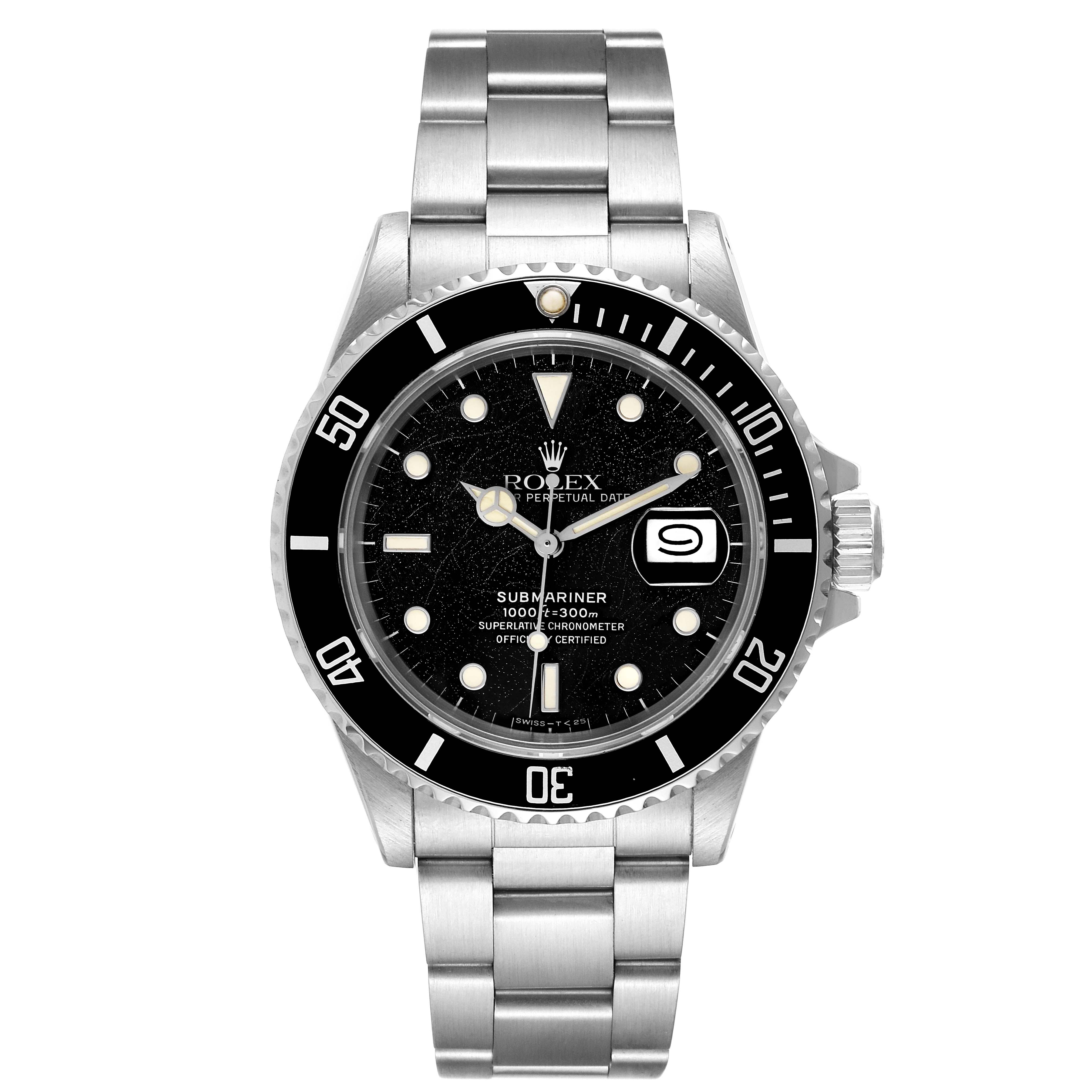 This image shows a front view of the Rolex Vintage Collection 168000 Men
s Stainless Steel Black Dial 168000 Men
s Stainless Steel Black Dial Submariner watch, displaying its dial, bezel, and bracelet.