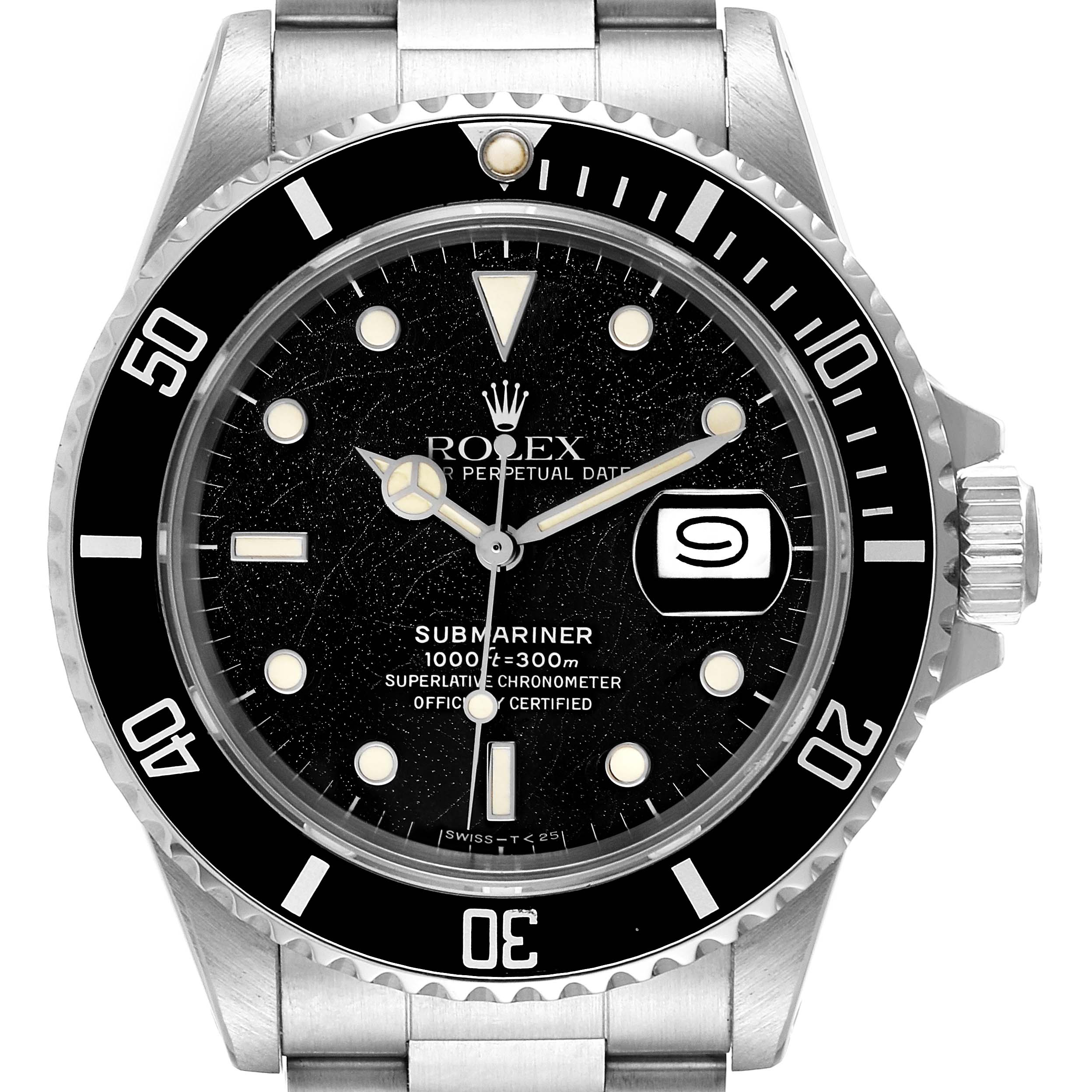 The image shows a front view of the Rolex Vintage Collection 168000 Men
s Stainless Steel Black Dial 168000 Men
s Stainless Steel Black Dial Submariner watch, displaying the dial, bezel, bracelet, and crown.