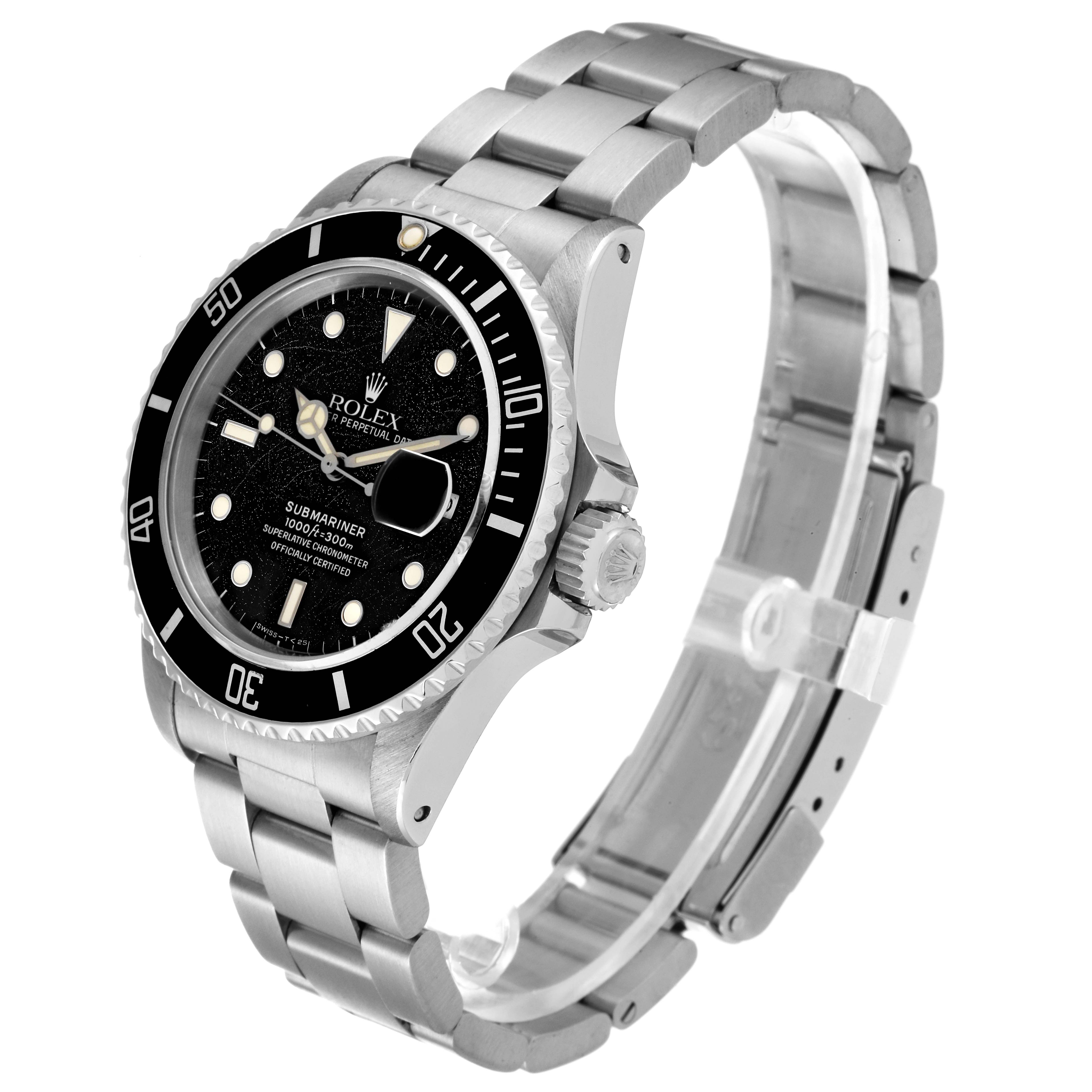 The image shows a Rolex Vintage Collection 168000 Men
s Stainless Steel Black Dial 168000 Men
s Stainless Steel Black Dial Submariner watch at an angle displaying the dial, bezel, crown, and bracelet.