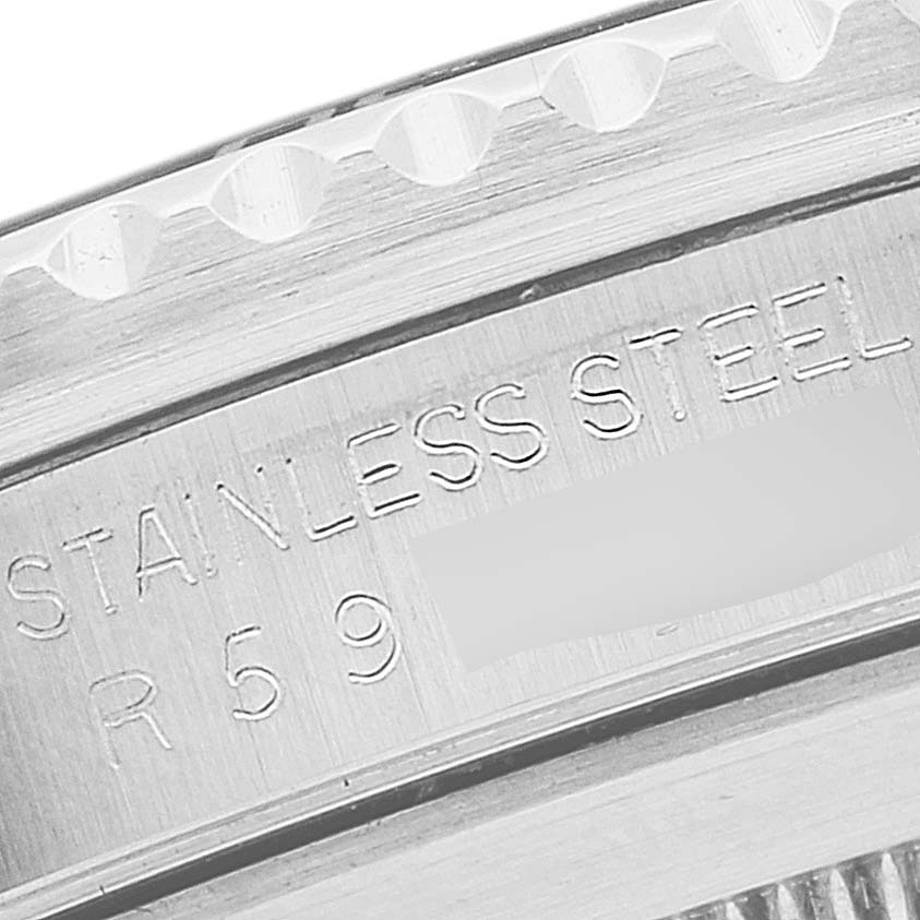 This is a close-up angle of the case back of the Rolex Vintage Collection 168000 Men
s Stainless Steel Black Dial 168000 Men
s Stainless Steel Black Dial watch, showing its stainless steel material.