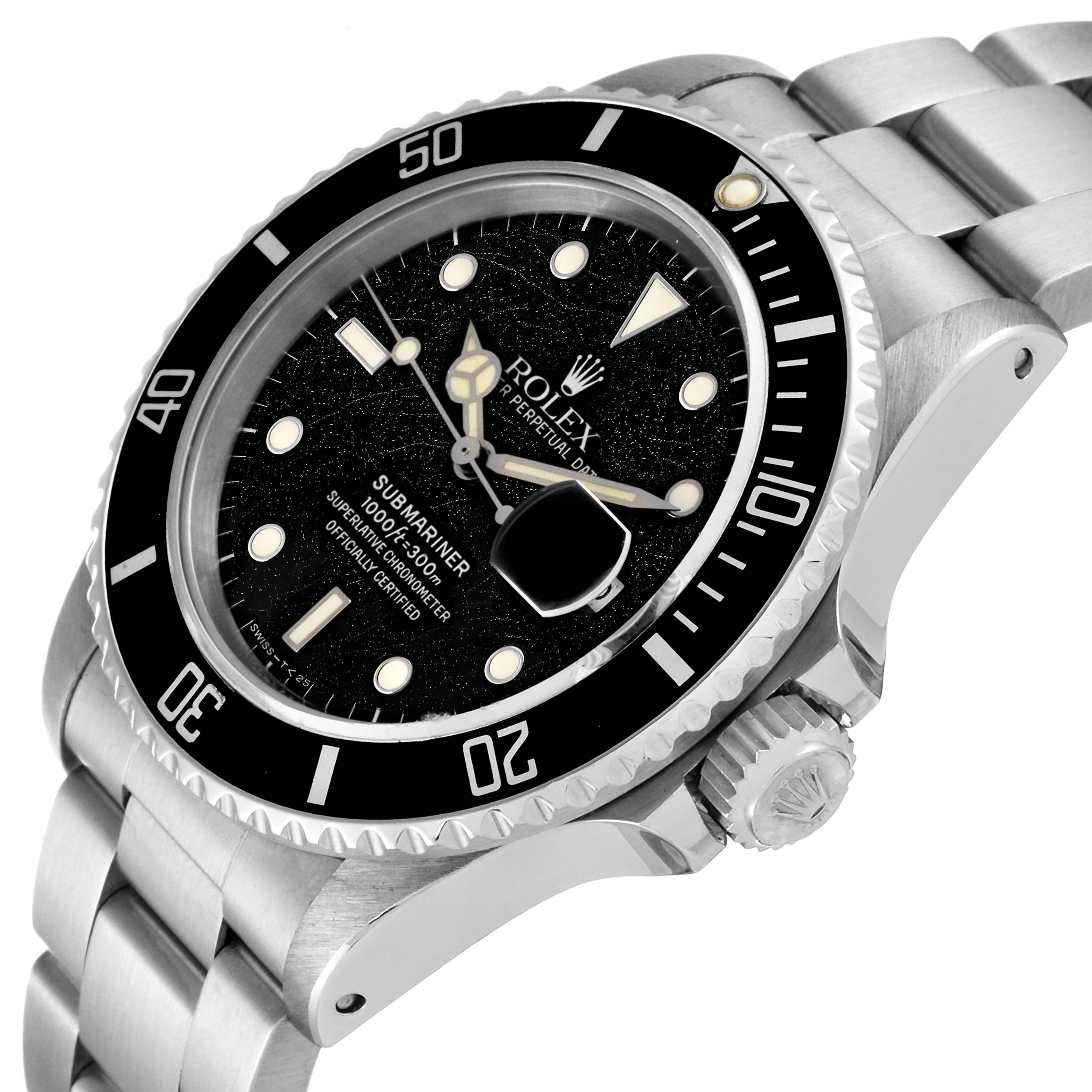 The image shows a side view of the Rolex Vintage Collection 168000 Men
s Stainless Steel Black Dial 168000 Men
s Stainless Steel Black Dial Submariner, highlighting the face, bezel, case, and partial bracelet.