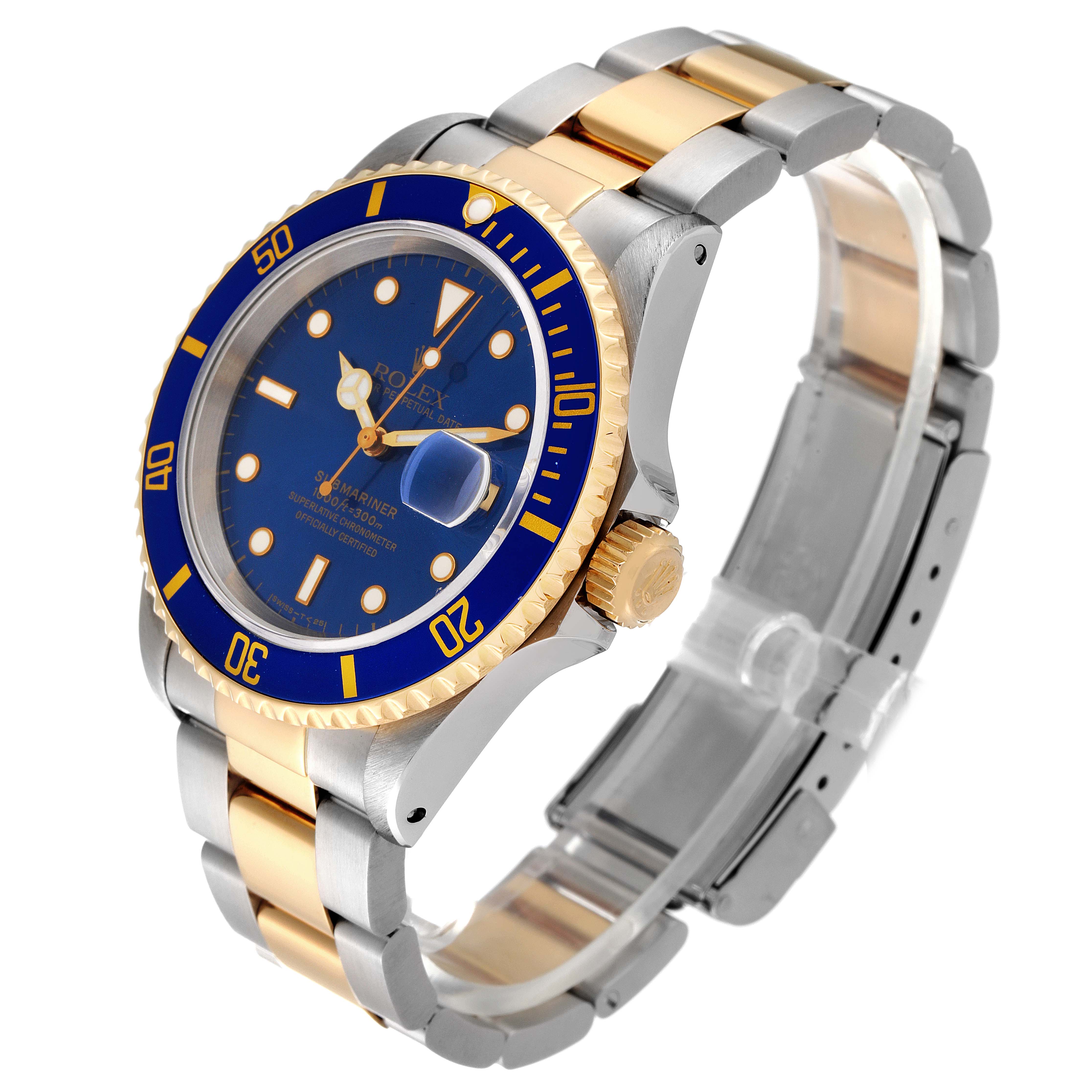 This image shows the Rolex Submariner 16613 Men
s Steel and Gold (two tone) Blue Dial 16613 Men
s Steel and Gold (two tone) Blue Dial watch at a slight angle, highlighting the bezel, dial, case, and bracelet.