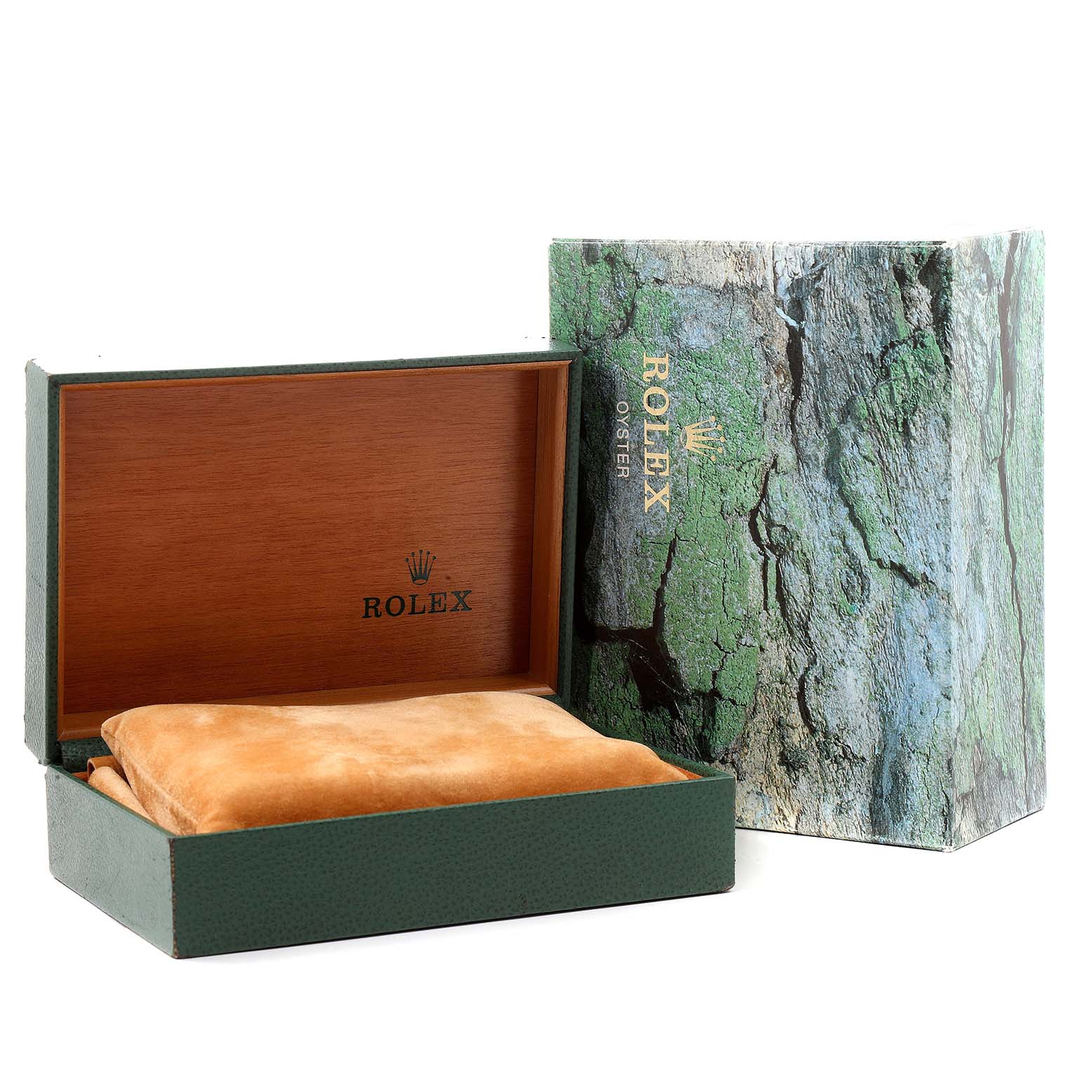 The image shows a Rolex Submariner 16613 Men
s Steel and Gold (two tone) Blue Dial 16613 Men
s Steel and Gold (two tone) Blue Dial watch box and its packaging at an angle, with the box lid open.