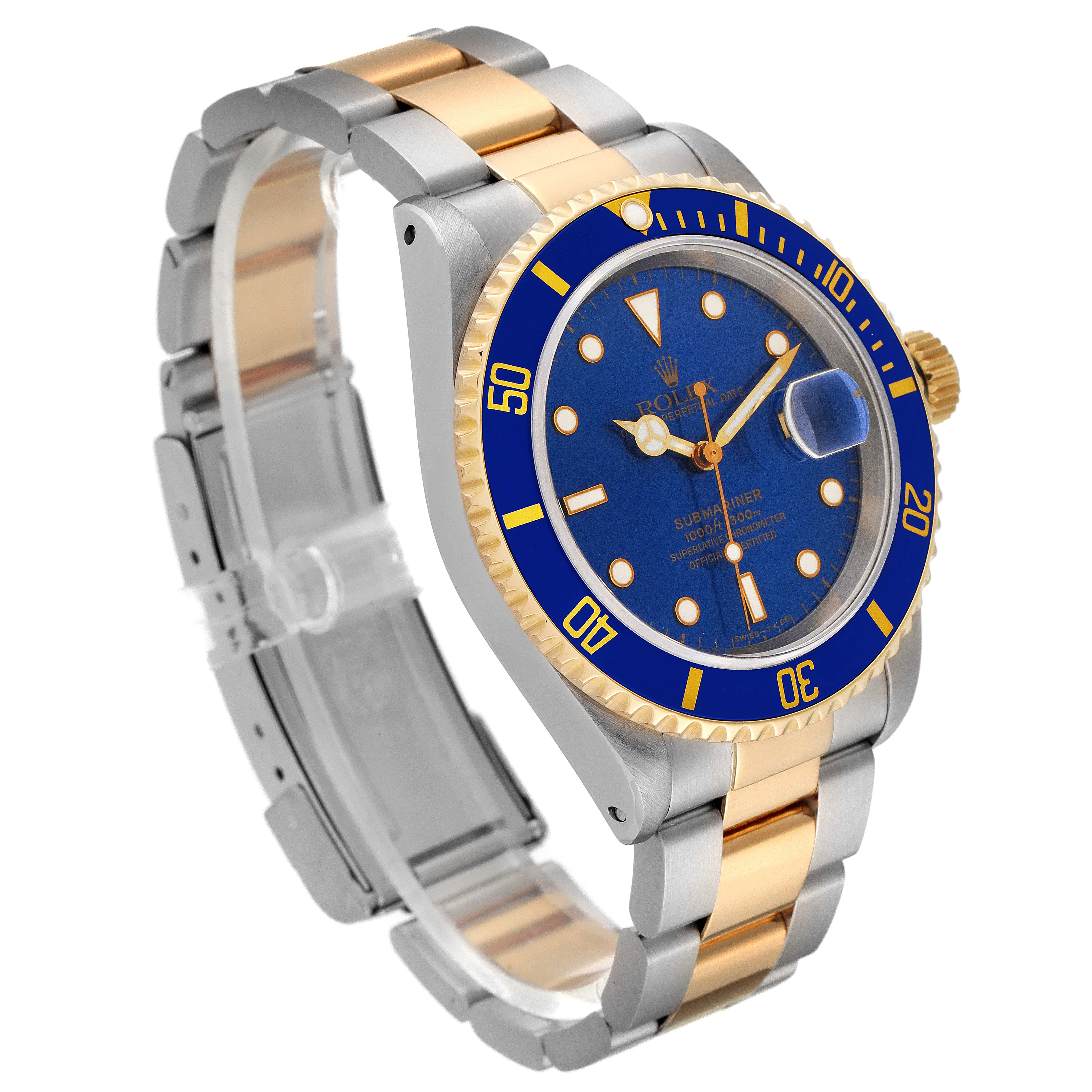 The Rolex Submariner 16613 Men
s Steel and Gold (two tone) Blue Dial 16613 Men
s Steel and Gold (two tone) Blue Dial watch is shown at an angled side view, featuring a blue dial and bezel, gold accents, and a two-tone metal bracelet.