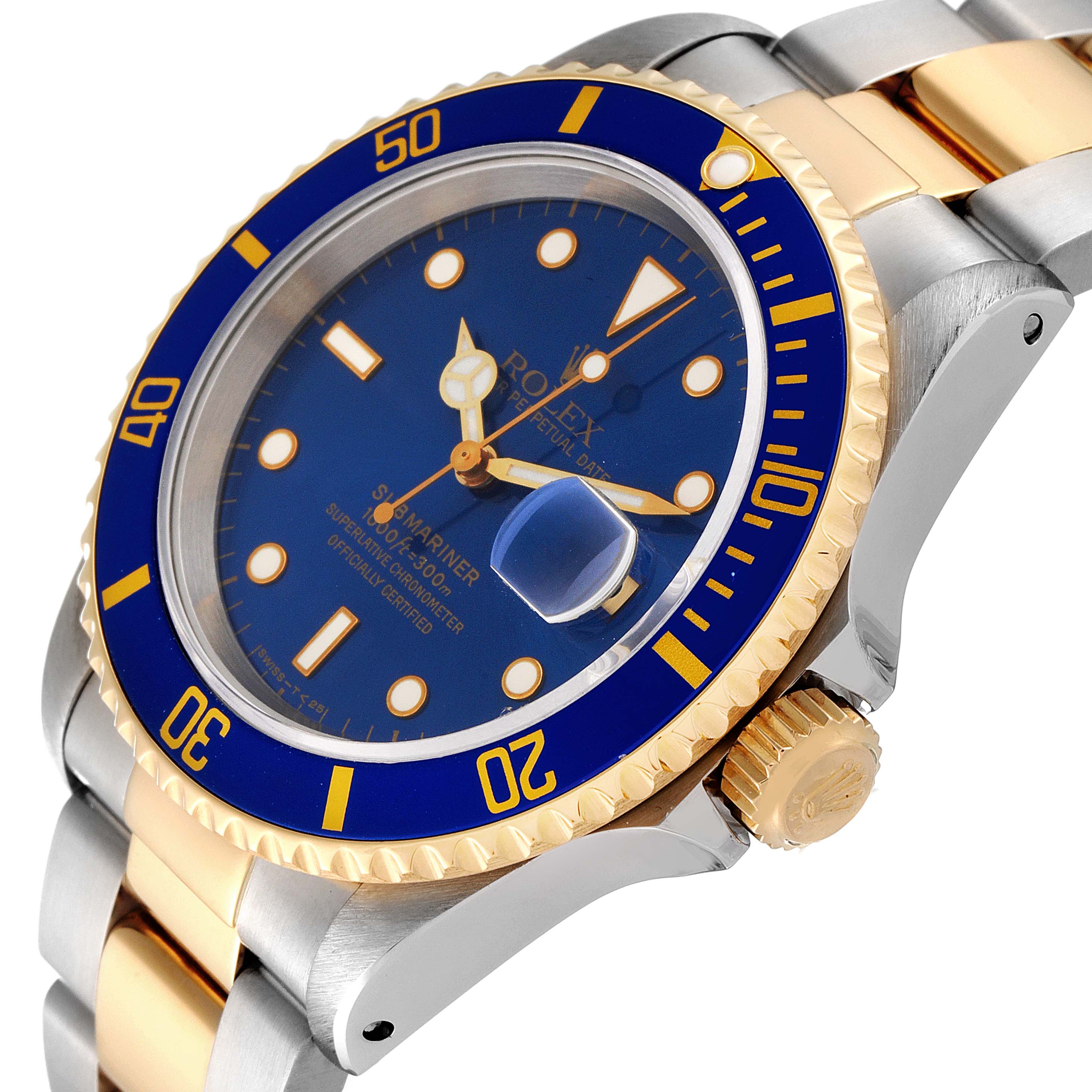 The image shows a close-up angle of a Rolex Submariner 16613 Men
s Steel and Gold (two tone) Blue Dial 16613 Men
s Steel and Gold (two tone) Blue Dial watch, highlighting its blue dial, bezel, crown, and two-tone strap.