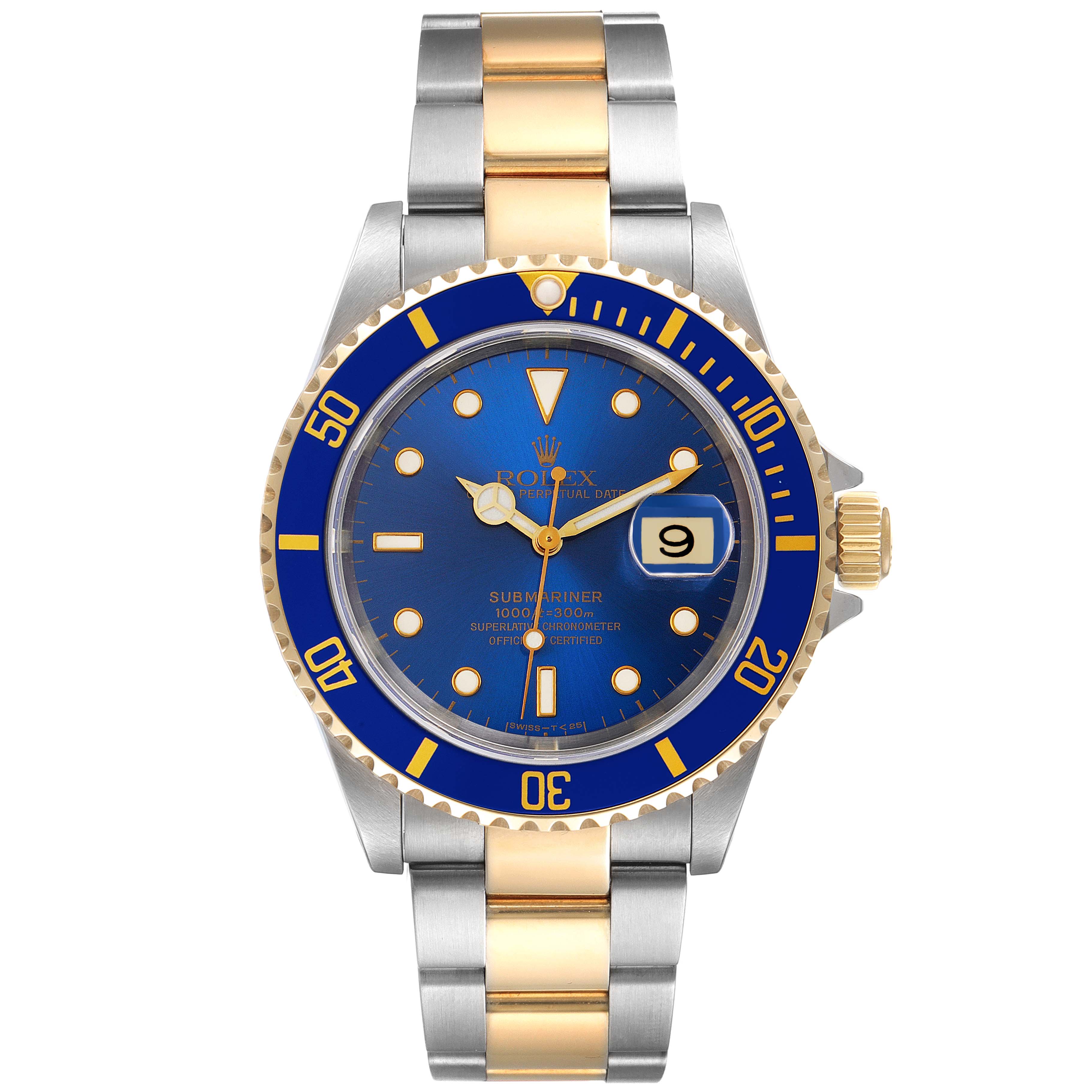The image shows a front view of a Rolex Submariner 16613 Men
s Steel and Gold (two tone) Blue Dial 16613 Men
s Steel and Gold (two tone) Blue Dial watch with a blue dial, blue bezel, and a two-tone bracelet.