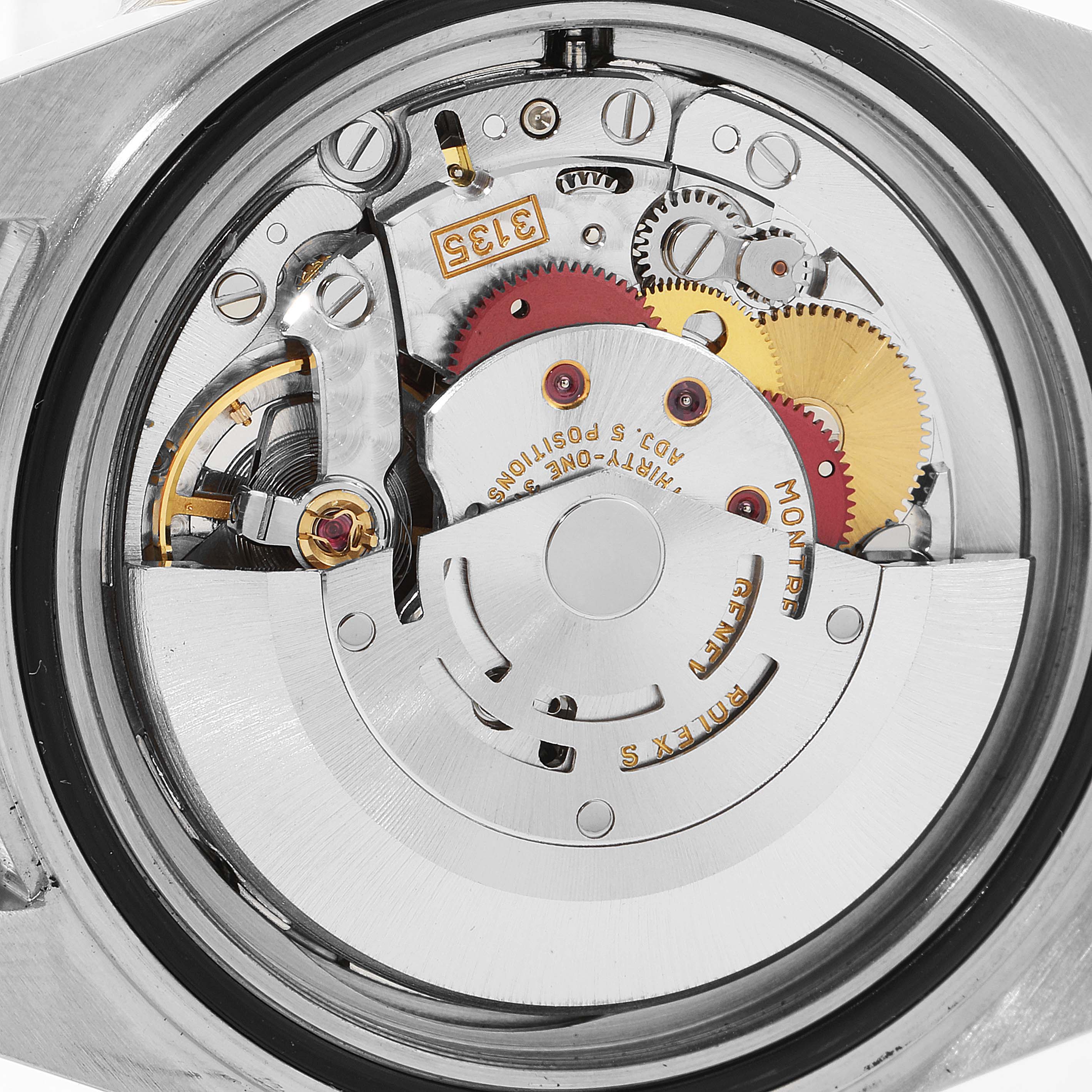 This image shows the detailed mechanical movement from the back of a Rolex Submariner 16613 Men
s Steel and Gold (two tone) Blue Dial 16613 Men
s Steel and Gold (two tone) Blue Dial watch.