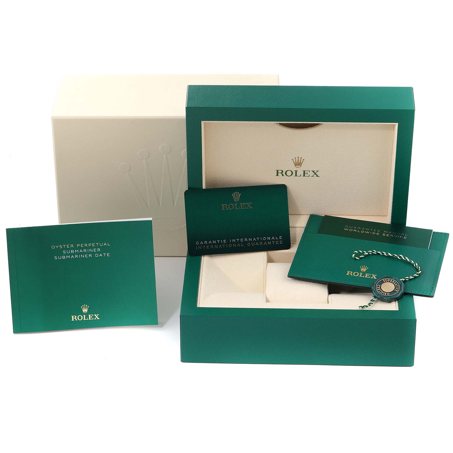 This image shows the box, manuals, warranty card, and tag for the Rolex Submariner 126610 Men
s Stainless Steel Black Dial 126610 Men
s Stainless Steel Black Dial watch.