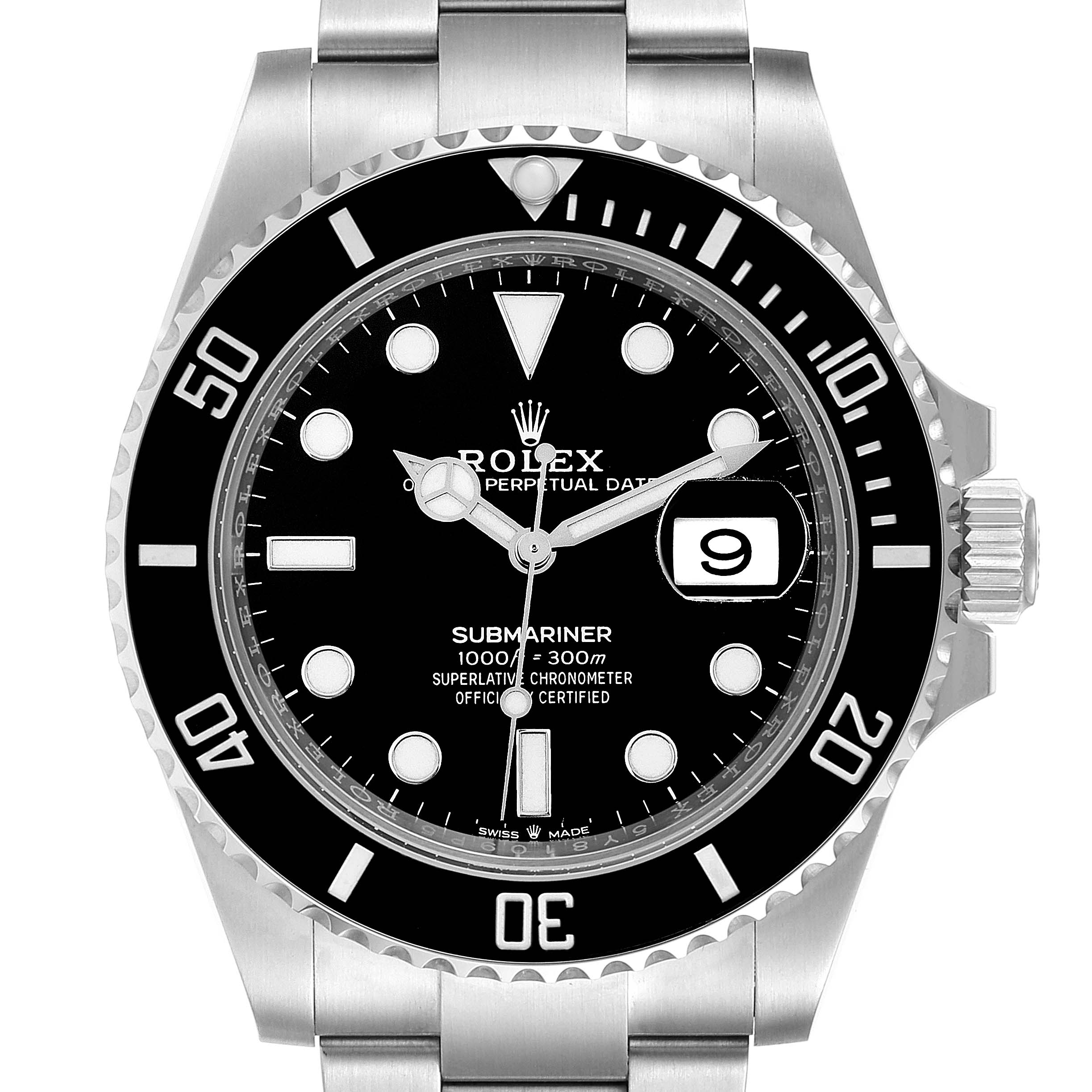 This image of a Rolex Submariner 126610 Men
s Stainless Steel Black Dial 126610 Men
s Stainless Steel Black Dial watch shows a front view featuring the dial, bezel, and part of the bracelet.