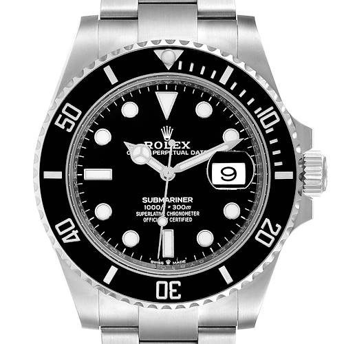 This image shows a front view of a Rolex Submariner watch, displaying its dial, bezel, and part of its metal bracelet.