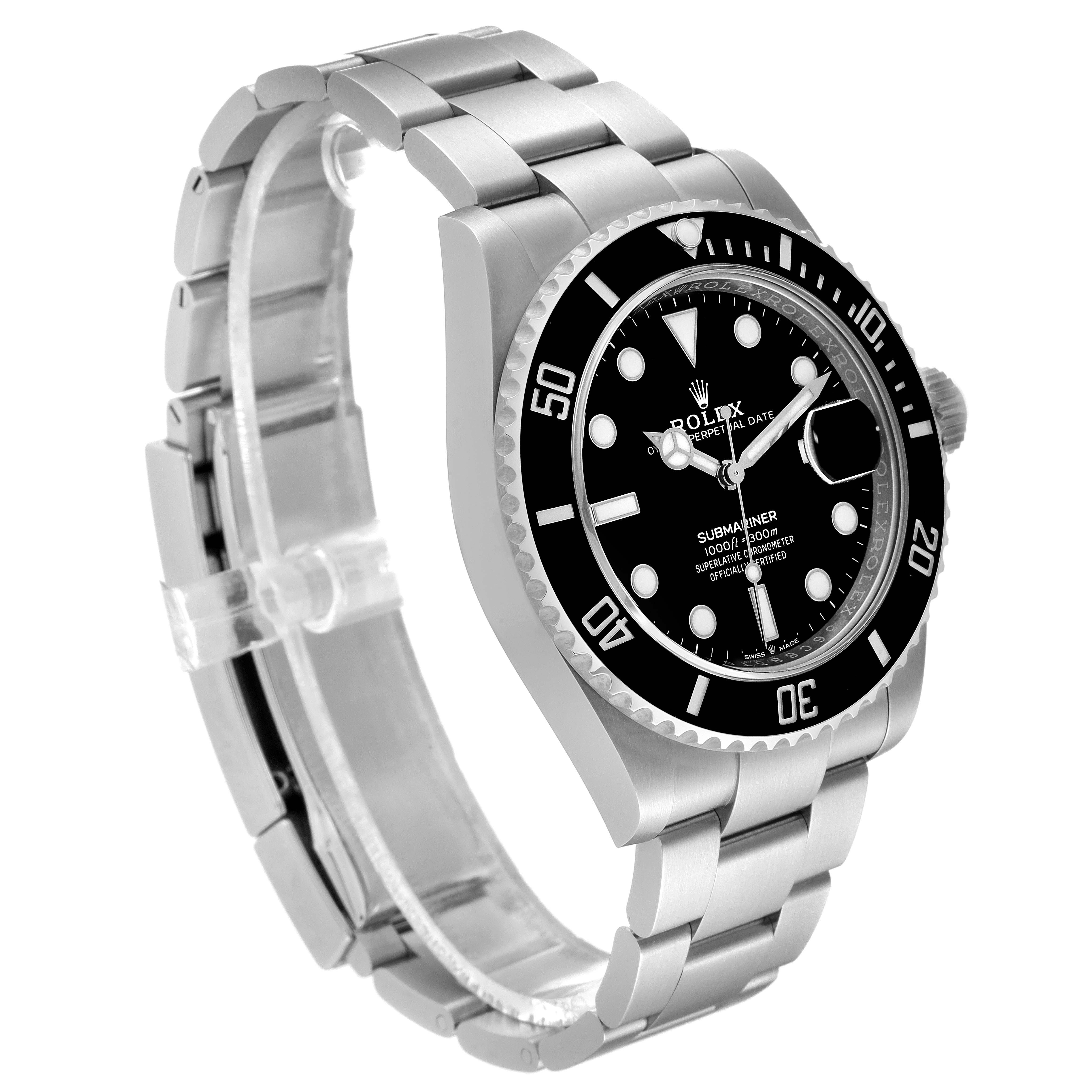 The Rolex Submariner 126610 Men
s Stainless Steel Black Dial 126610 Men
s Stainless Steel Black Dial watch is shown from a front-side angle, displaying the face, bezel, and stainless steel bracelet.