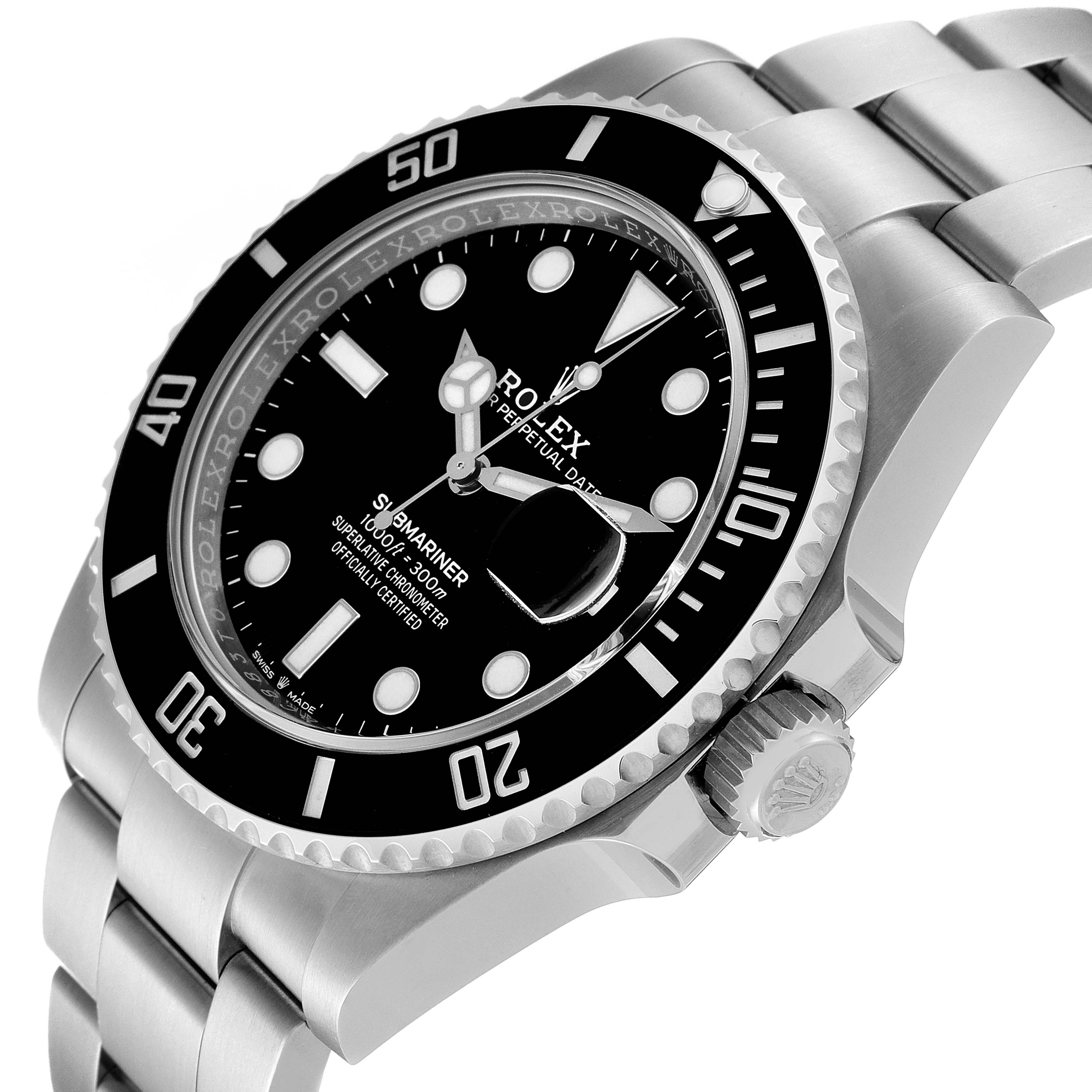The image shows a Rolex Submariner 126610 Men
s Stainless Steel Black Dial 126610 Men
s Stainless Steel Black Dial watch from a front-side angle, highlighting the bezel, dial, and bracelet.