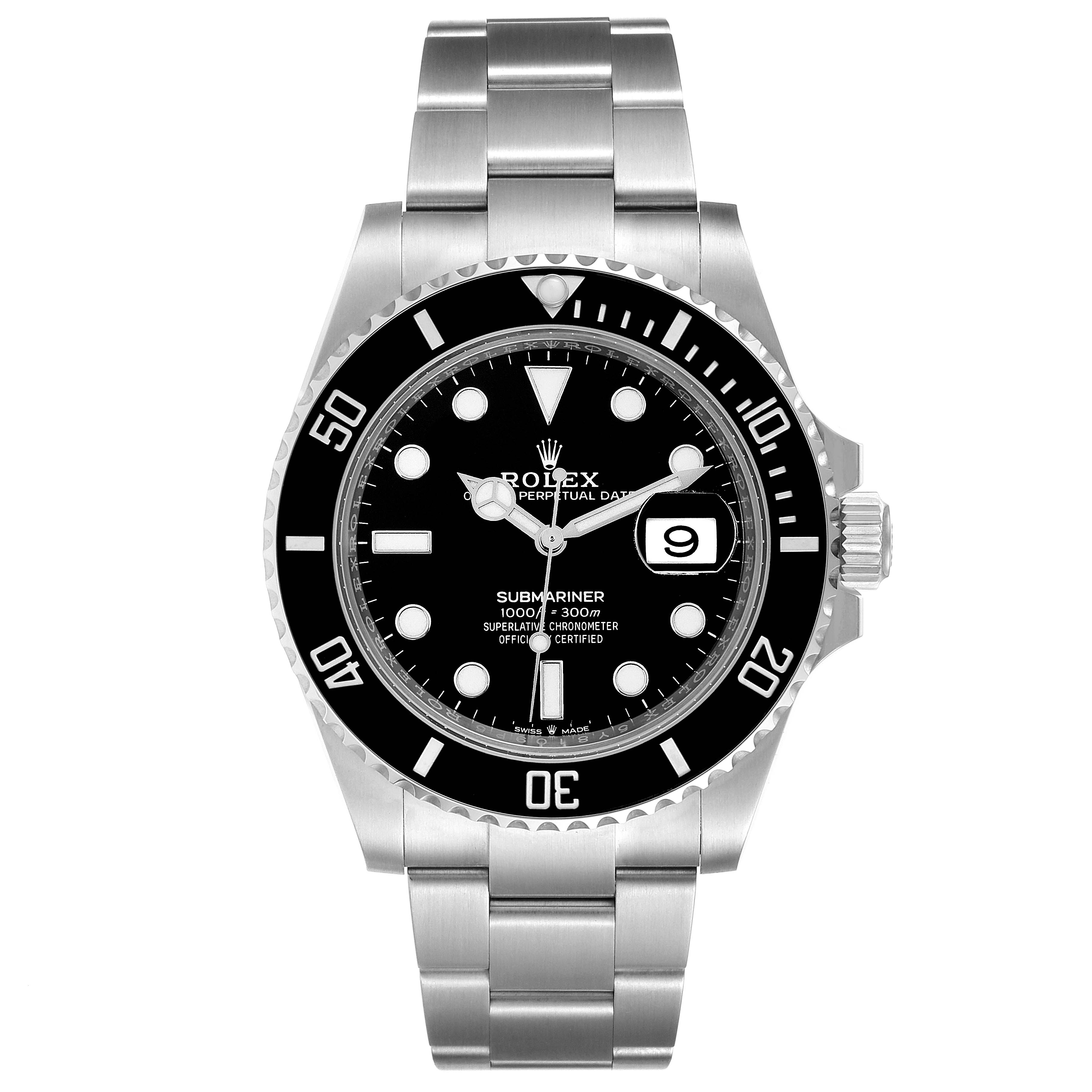The image shows a front view of a Rolex Submariner 126610 Men
s Stainless Steel Black Dial 126610 Men
s Stainless Steel Black Dial watch, featuring its dial, bezel, and bracelet.