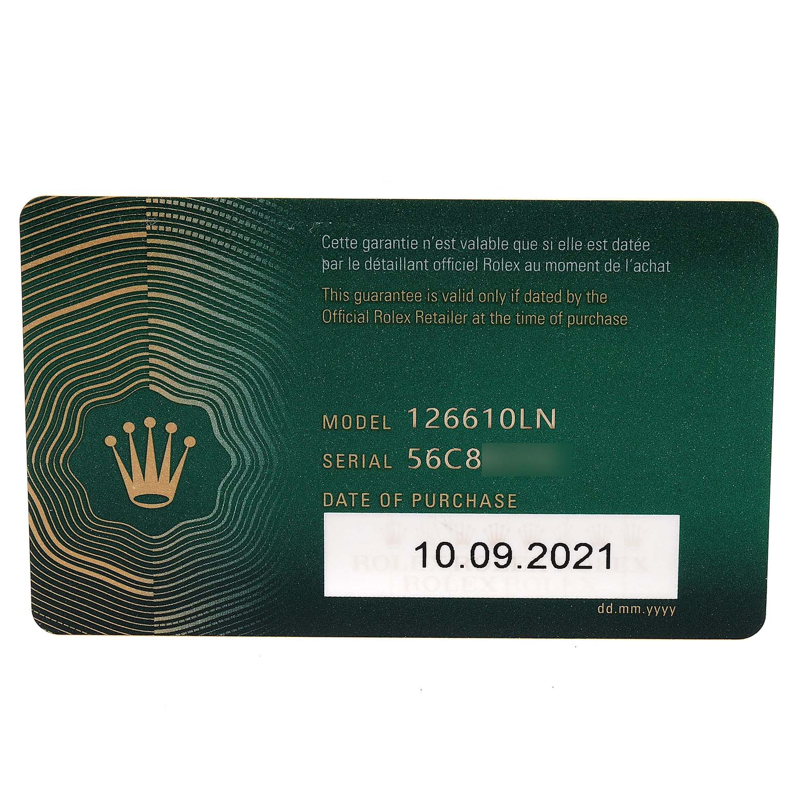 This image shows the warranty card for a Rolex Submariner 126610 Men
s Stainless Steel Black Dial 126610 Men
s Stainless Steel Black Dial model 126610LN, displaying model, serial number, and date of purchase.
