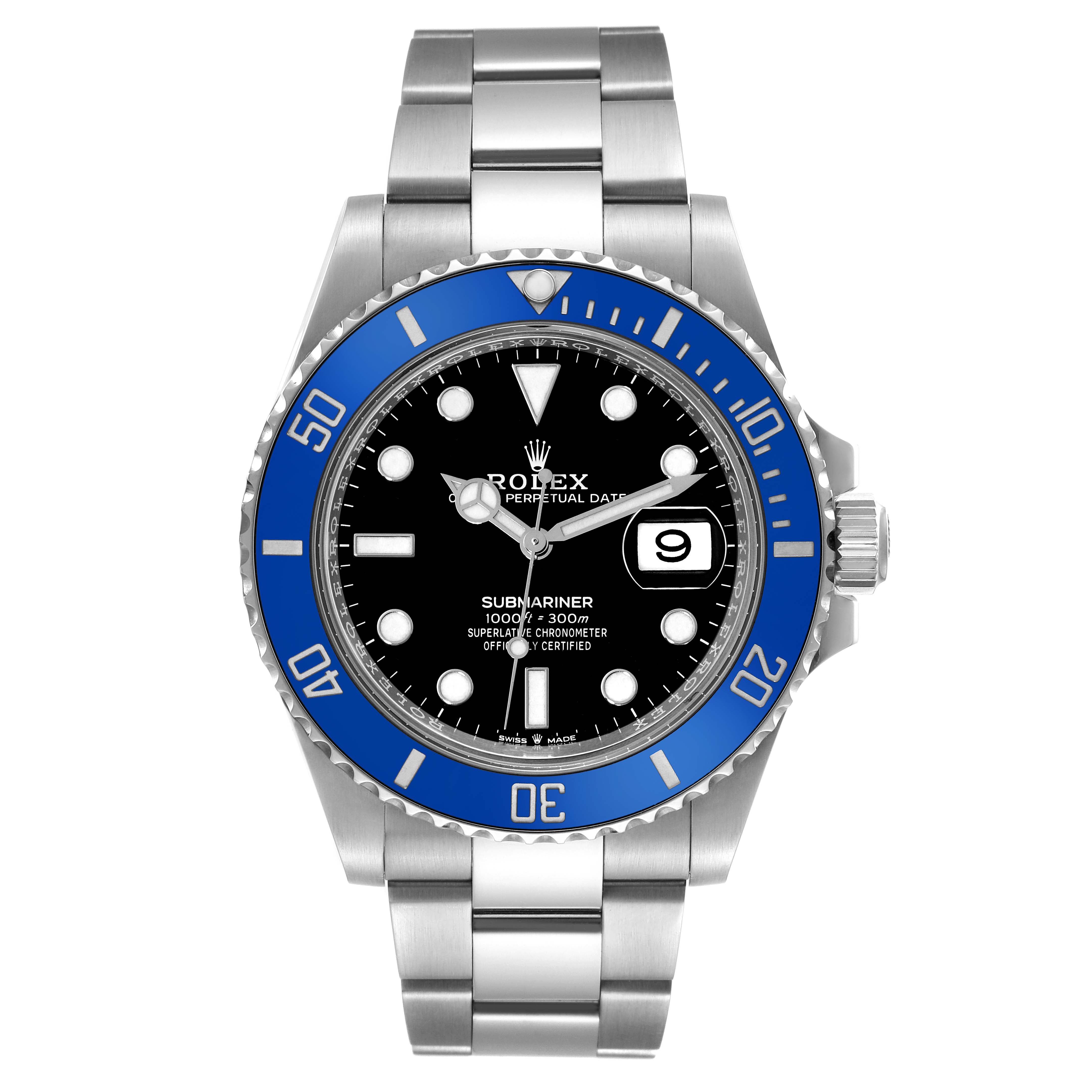 The image shows a front view of the Rolex Submariner 126619 Men's White Gold Black Dial 126619 Men's White Gold Black Dial watch, highlighting the dial, bezel, crown, and bracelet.