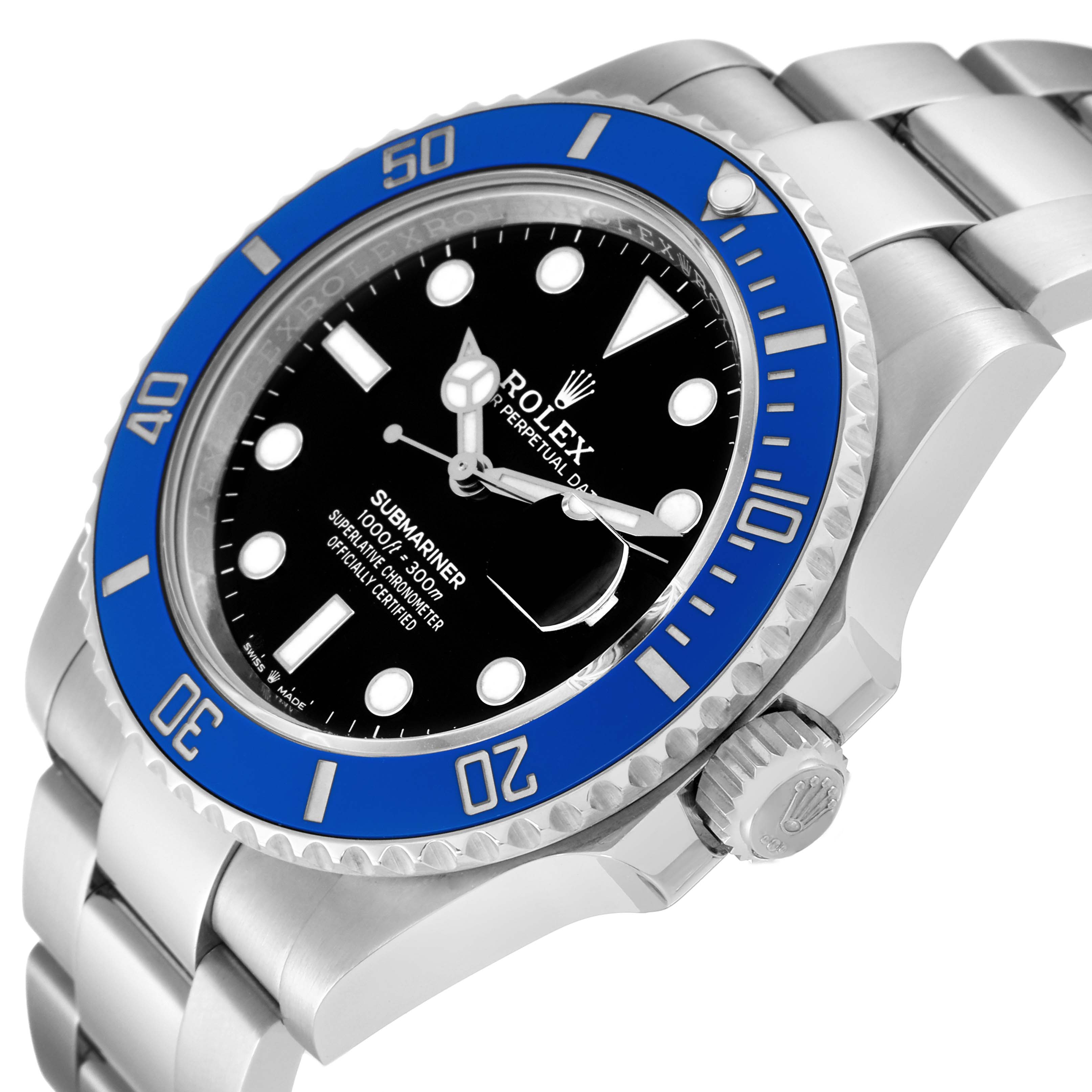 The Rolex Submariner 126619 Men's White Gold Black Dial 126619 Men's White Gold Black Dial watch is shown at a three-quarter angle, highlighting the blue bezel, dial, crown, and bracelet.