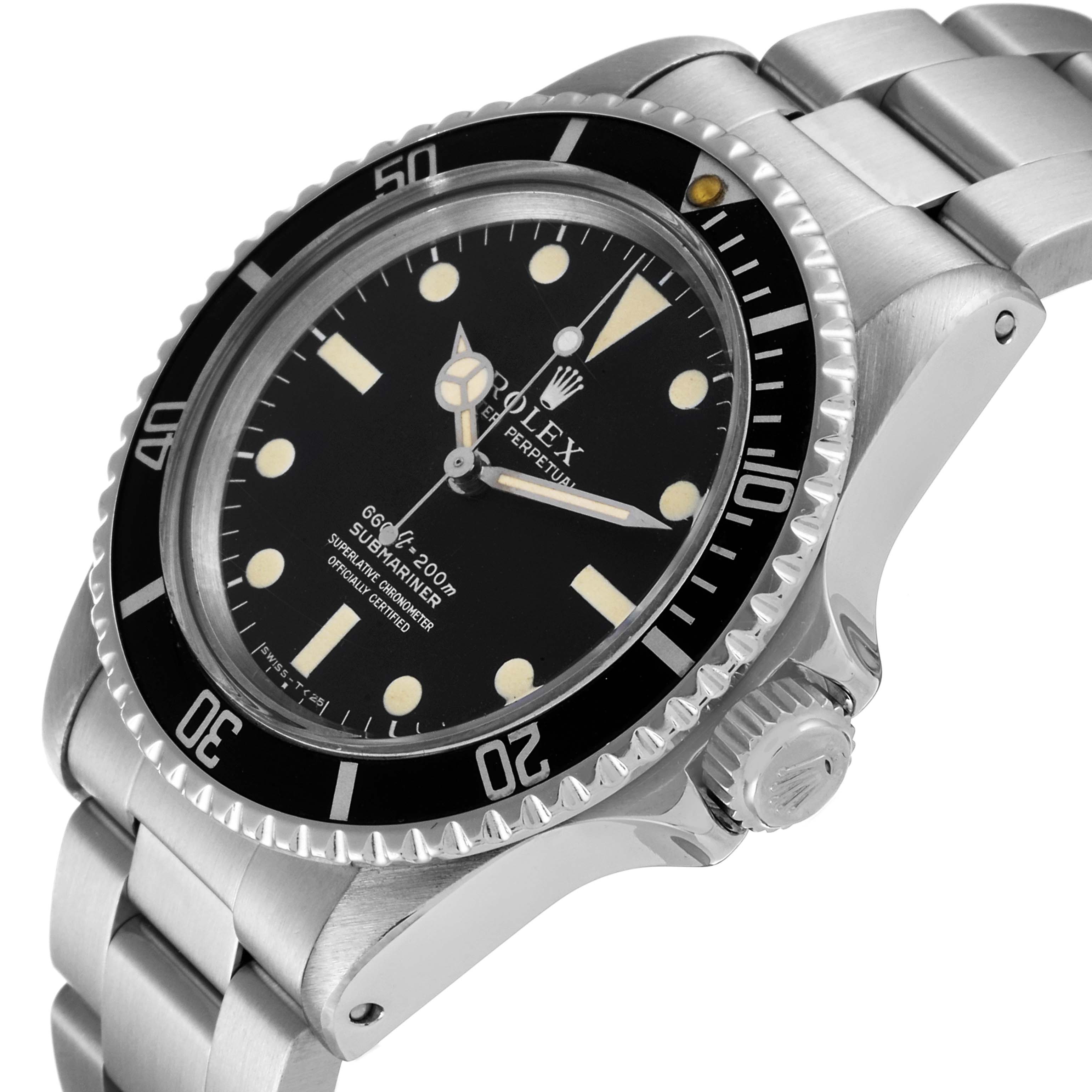 The image shows a side angle of the Rolex Vintage Collection 5512 Men's Stainless Steel Black Dial 5512 Men's Stainless Steel Black Dial Submariner watch, highlighting the bezel, crown, and bracelet.