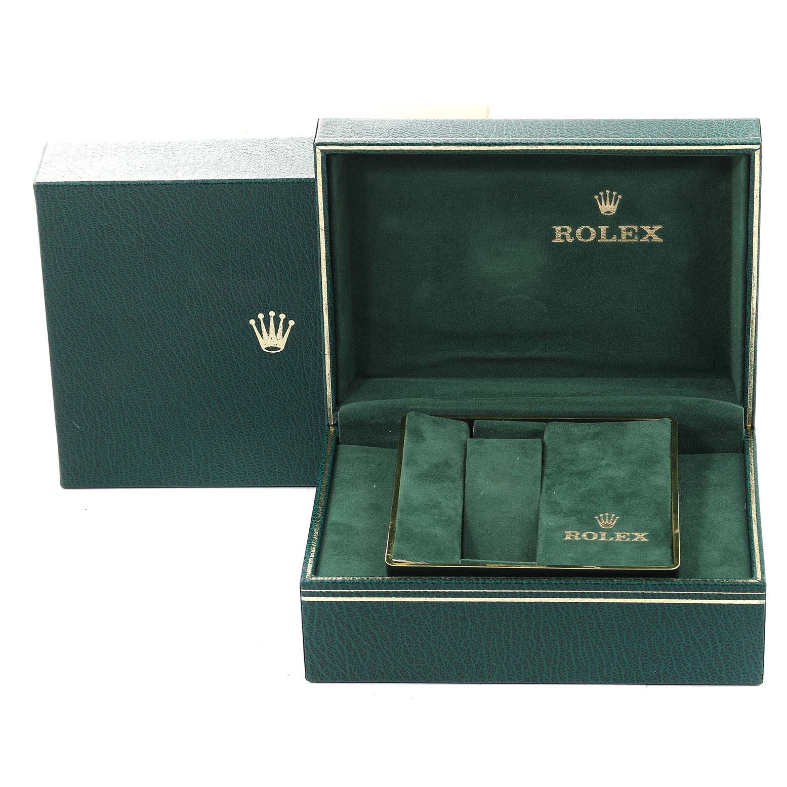 The image shows an open green box for a Rolex Vintage Collection 5512 Men's Stainless Steel Black Dial 5512 Men's Stainless Steel Black Dial model watch, featuring the Rolex logo inside.