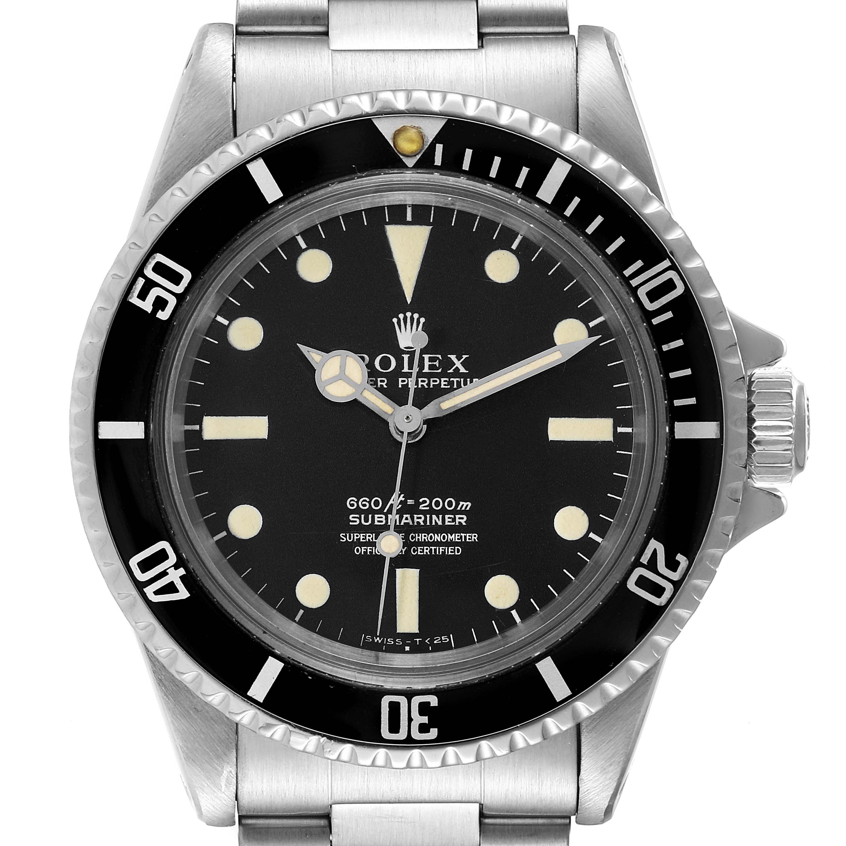 This image shows a front view of the Rolex Vintage Collection 5512 Men's Stainless Steel Black Dial 5512 Men's Stainless Steel Black Dial Submariner watch, displaying its dial, bezel, and part of the bracelet.