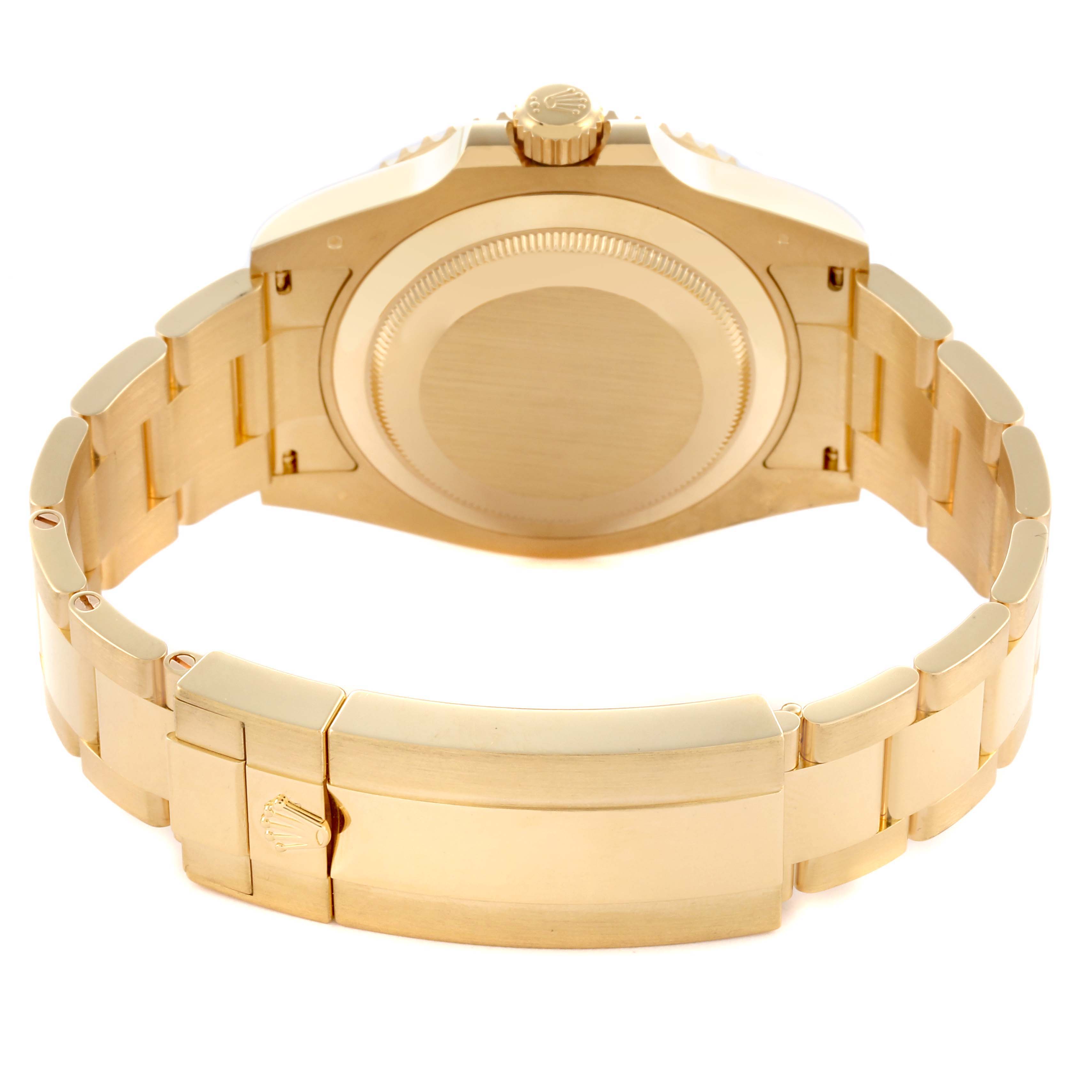 The image shows the back view of a Rolex Submariner 126618LB Men's Yellow Gold Blue Dial 126618LB Men's Yellow Gold Blue Dial, featuring the case back and bracelet clasp.