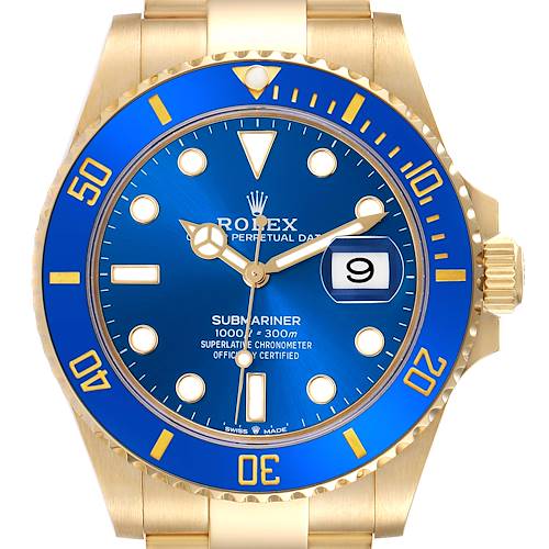 The image shows a front view of the Rolex Submariner, displaying the blue dial, bezel, and part of the bracelet.