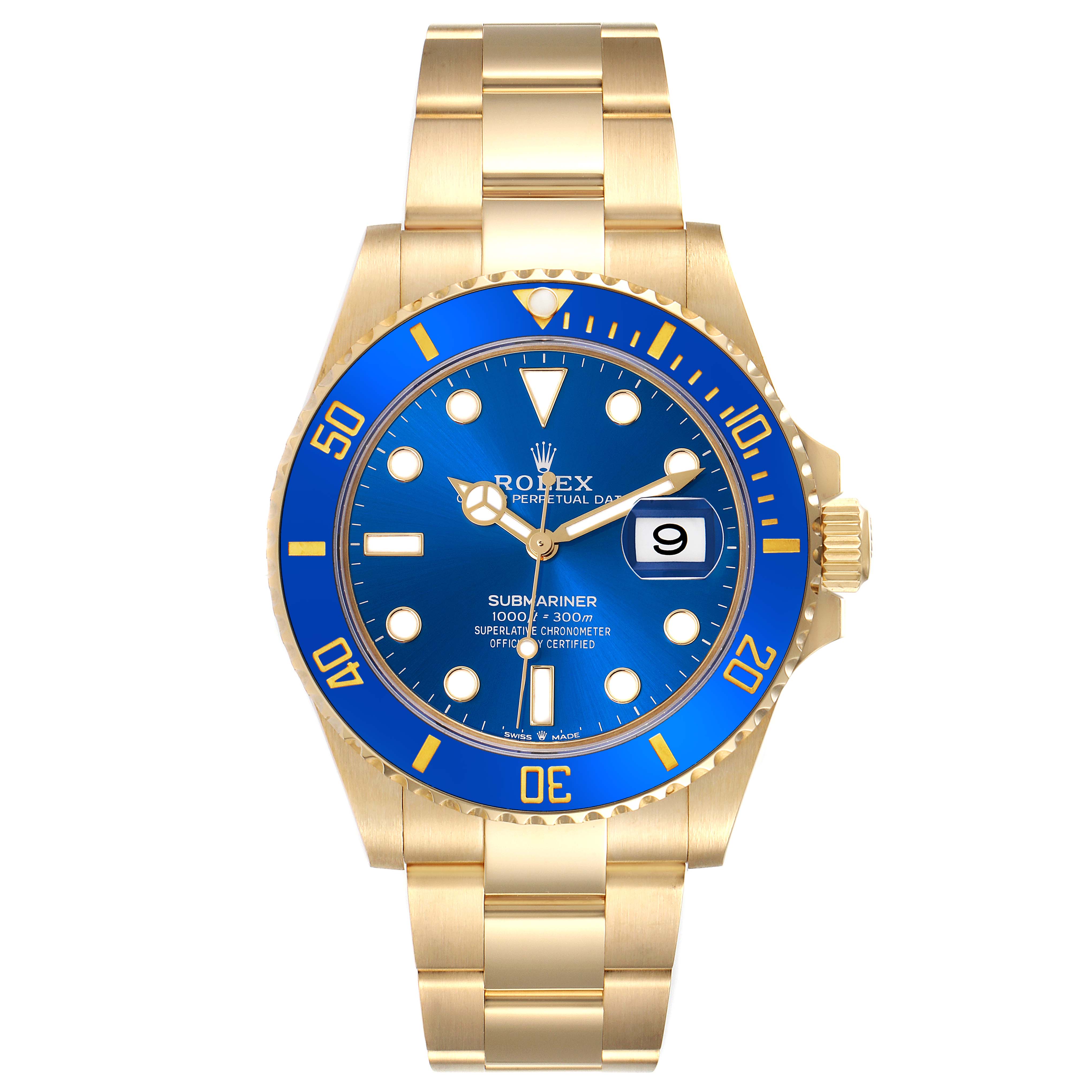 The Rolex Submariner 126618LB Men's Yellow Gold Blue Dial 126618LB Men's Yellow Gold Blue Dial is shown from a front angle, highlighting its blue dial, bezel, and gold bracelet.
