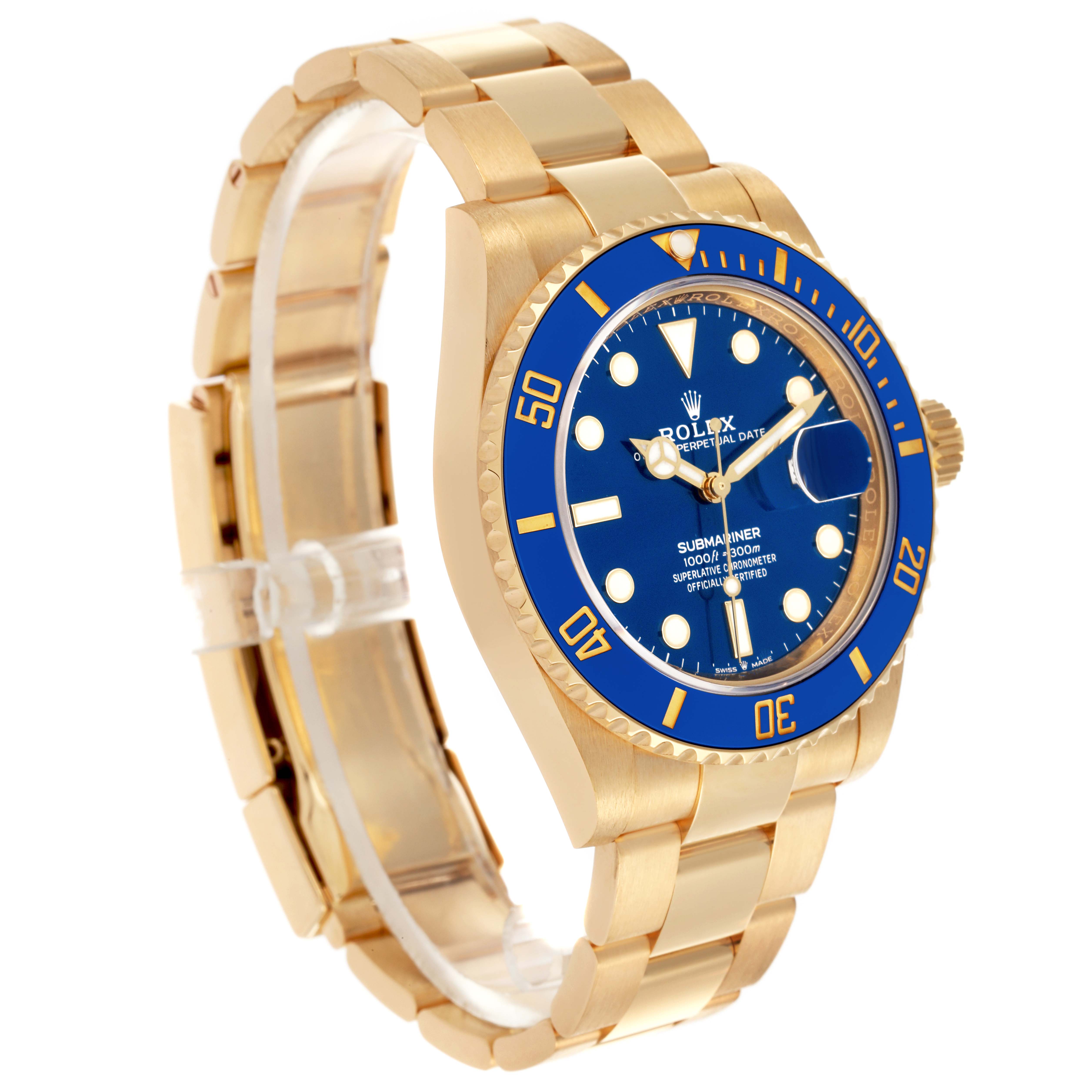 The Rolex Submariner 126618LB Men's Yellow Gold Blue Dial 126618LB Men's Yellow Gold Blue Dial watch is shown at a three-quarter angle, displaying the face, bezel, crown, and bracelet links.