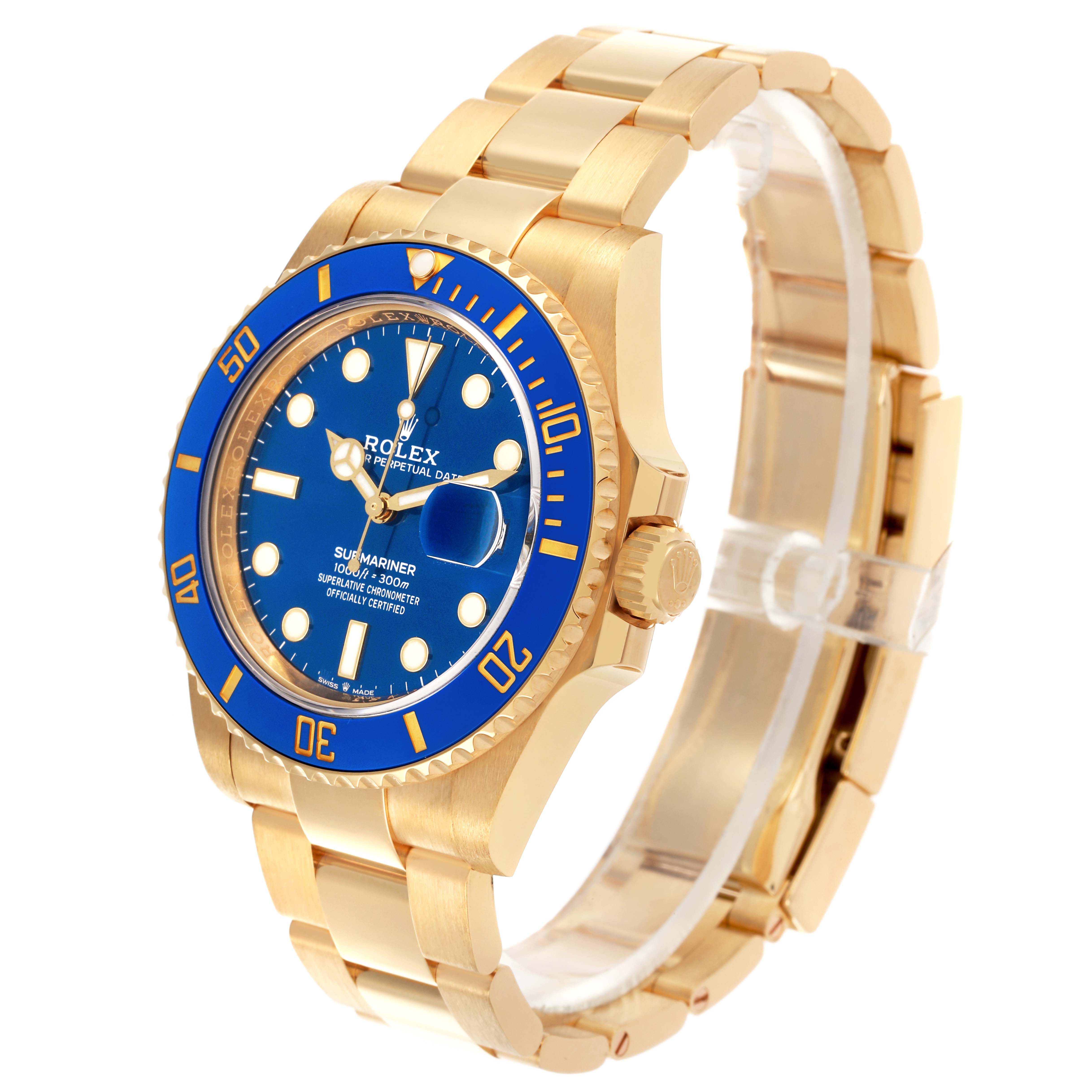 The Rolex Submariner 126618LB Men's Yellow Gold Blue Dial 126618LB Men's Yellow Gold Blue Dial watch is shown at a three-quarter angle, highlighting the face, bezel, and bracelet.
