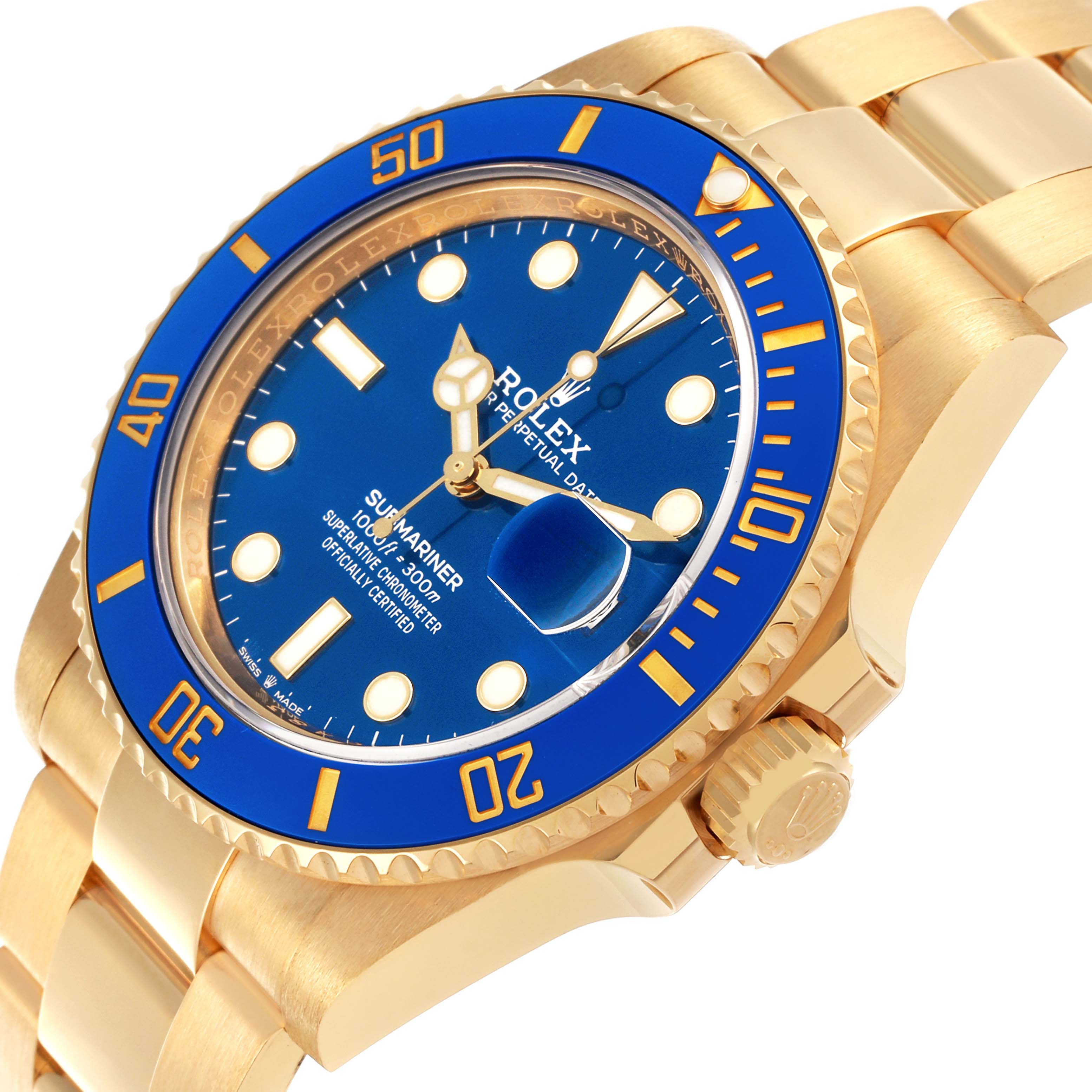 The image shows a Rolex Submariner 126618LB Men's Yellow Gold Blue Dial 126618LB Men's Yellow Gold Blue Dial at an angle highlighting its blue bezel, dial, and gold bracelet.