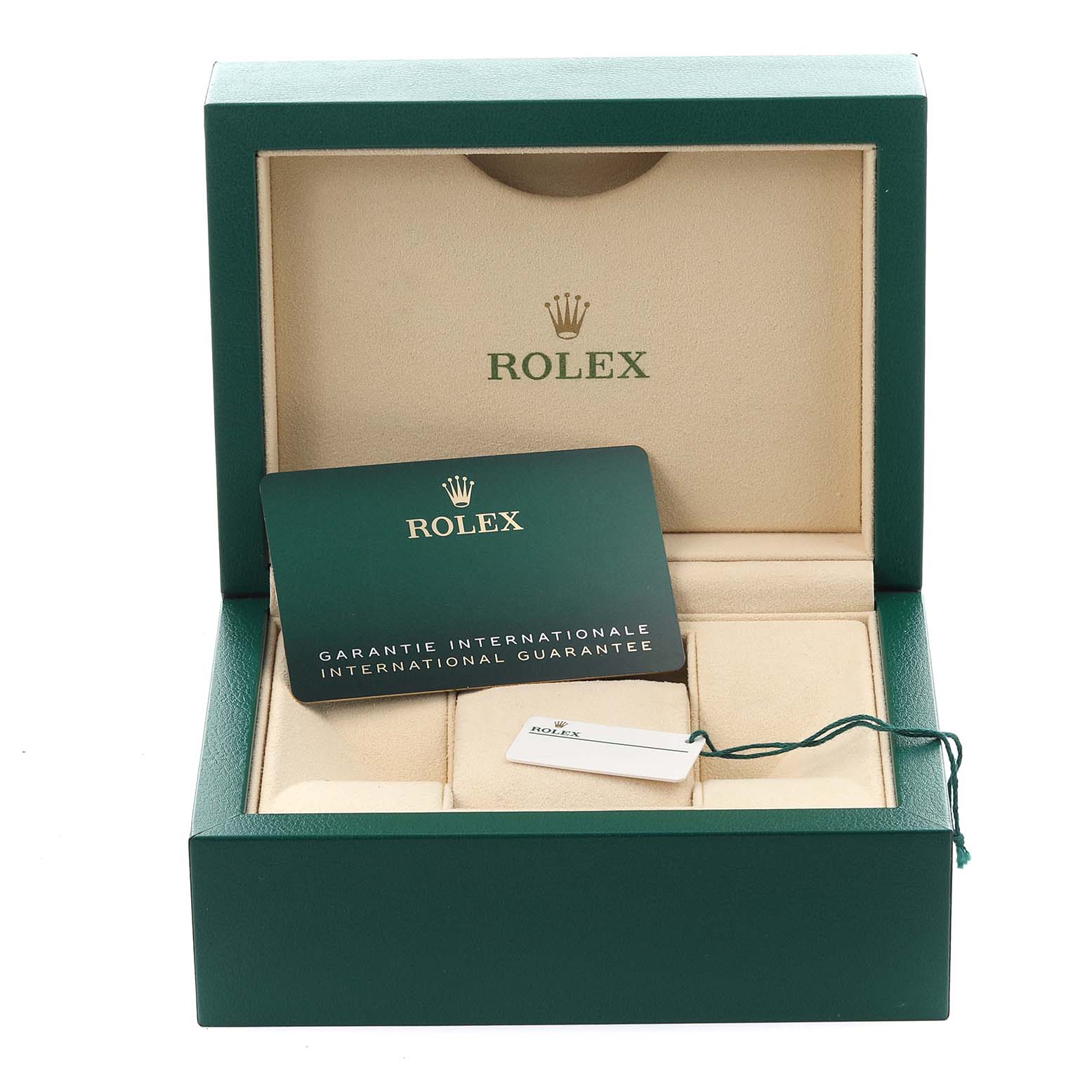 The image shows a Rolex Submariner 126618LB Men's Yellow Gold Blue Dial 126618LB Men's Yellow Gold Blue Dial watch box, international guarantee card, and a tag, viewed from the front.