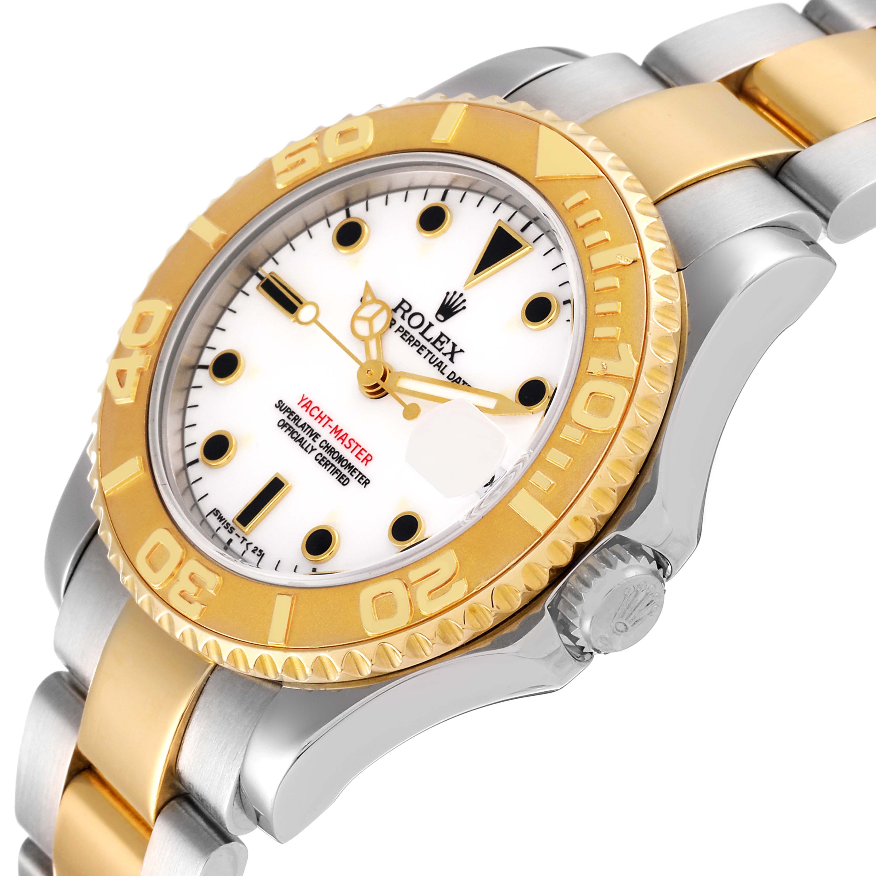 The image shows a Rolex Yacht-Master 68623 Men
s Steel and Gold (two tone) White Dial 68623 Men
s Steel and Gold (two tone) White Dial watch at a slight angle, highlighting the dial, bezel, and bracelet.