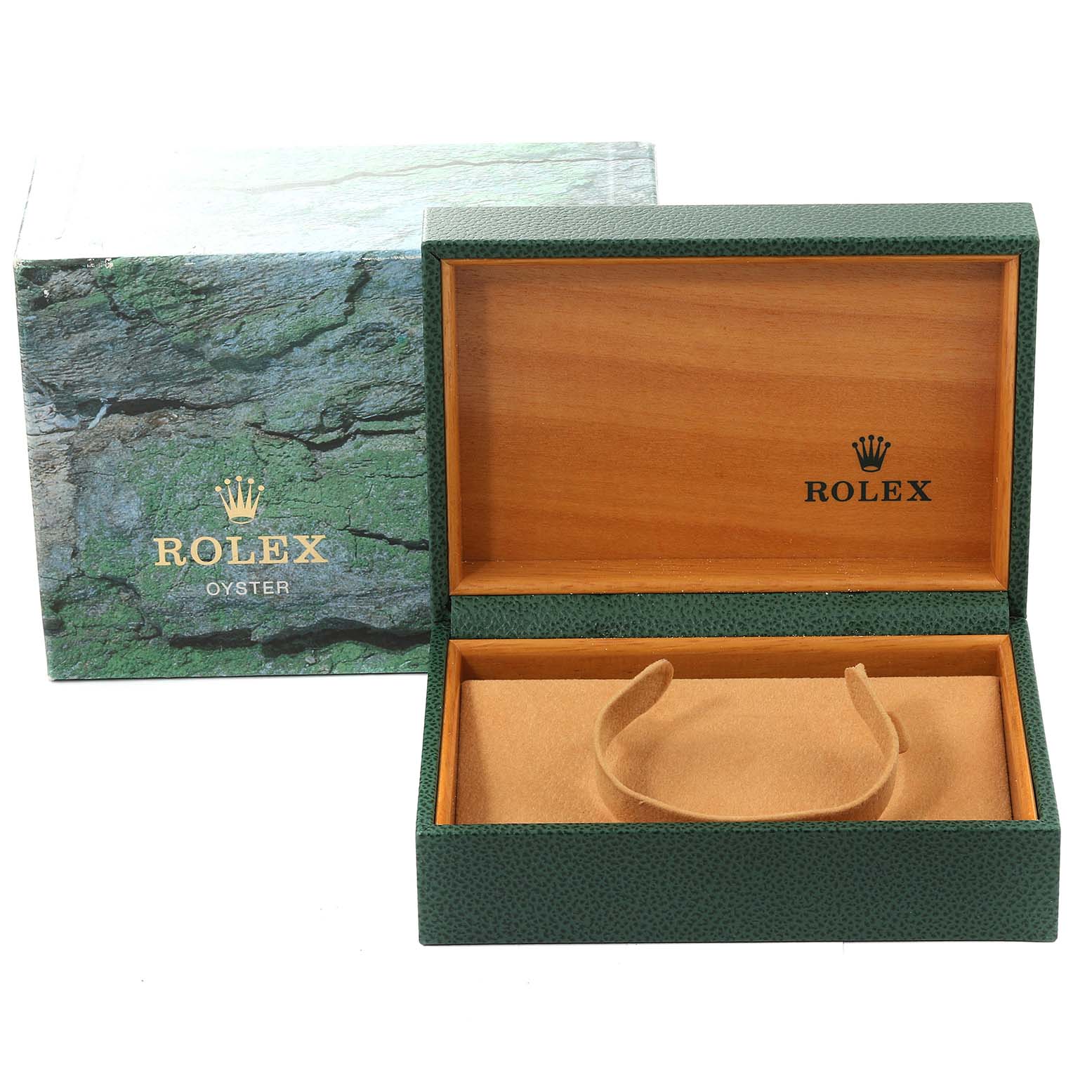 The image shows an open green Rolex watch box with "Rolex" and "Oyster" branding, presumably for a Yacht-Master model.