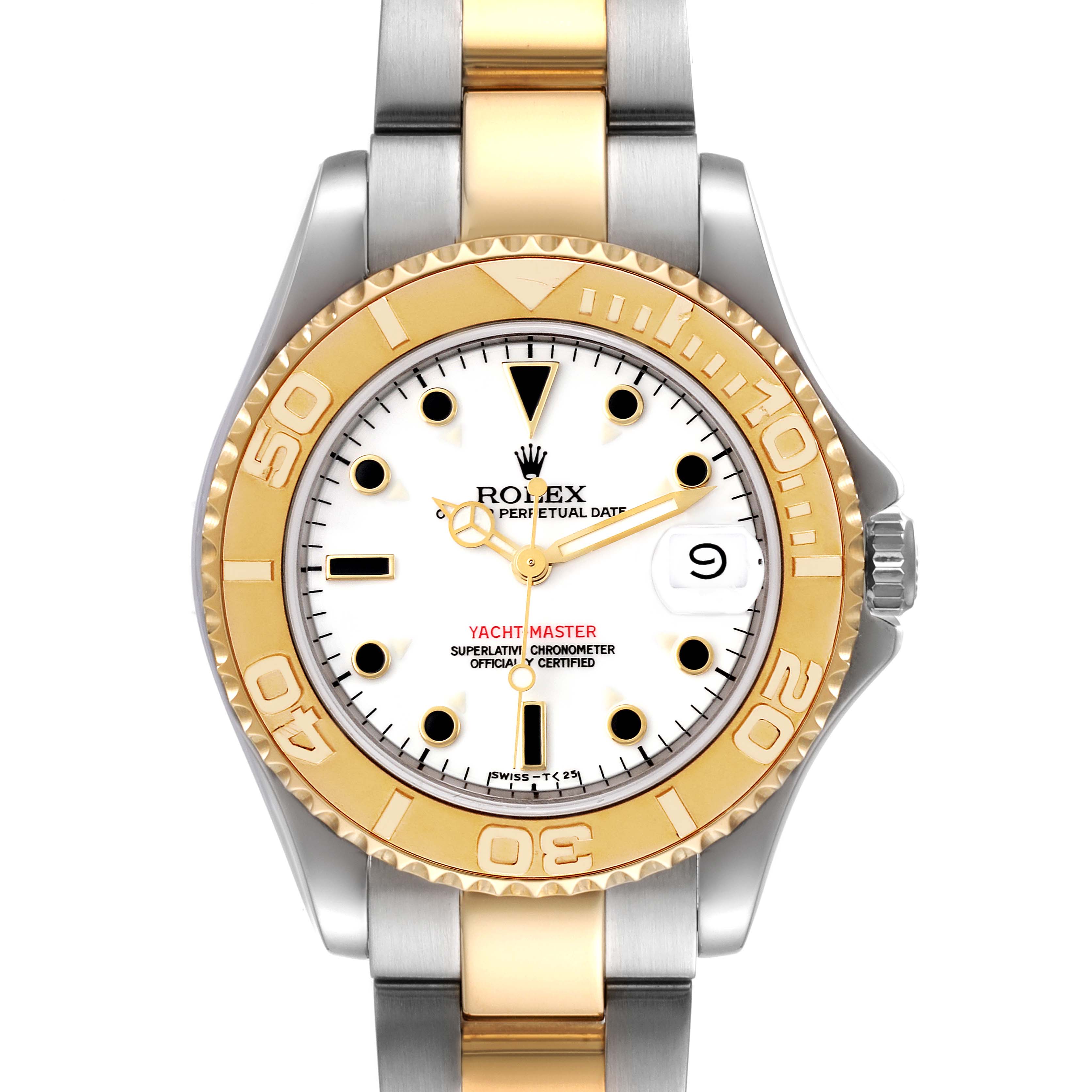 The image shows a front view of the Rolex Yacht-Master 68623 Men
s Steel and Gold (two tone) White Dial 68623 Men
s Steel and Gold (two tone) White Dial watch, highlighting the dial, bezel, bracelet, and crown.