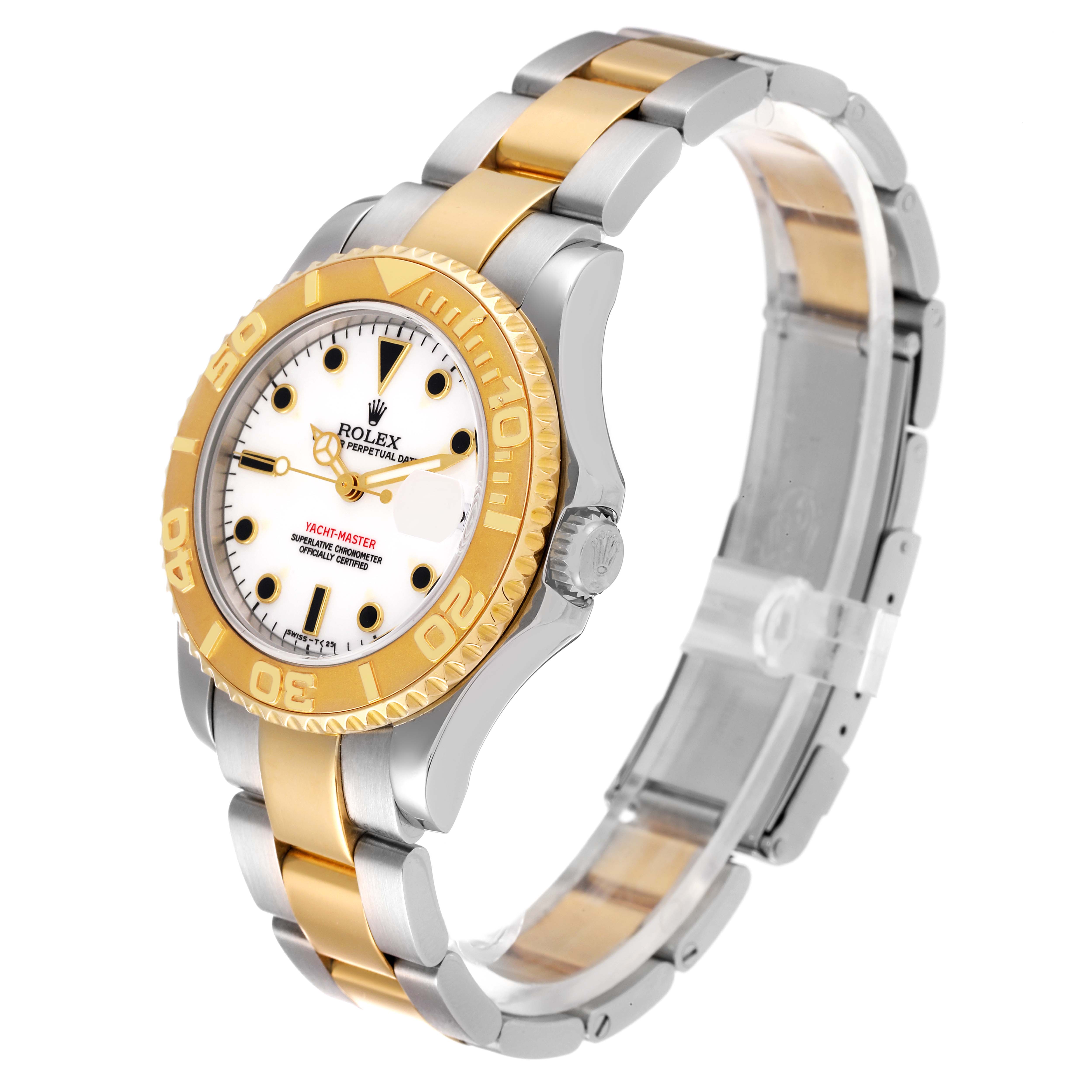 The Rolex Yacht-Master 68623 Men
s Steel and Gold (two tone) White Dial 68623 Men
s Steel and Gold (two tone) White Dial watch is shown at a right-front oblique angle, highlighting its two-tone link bracelet and bezel.