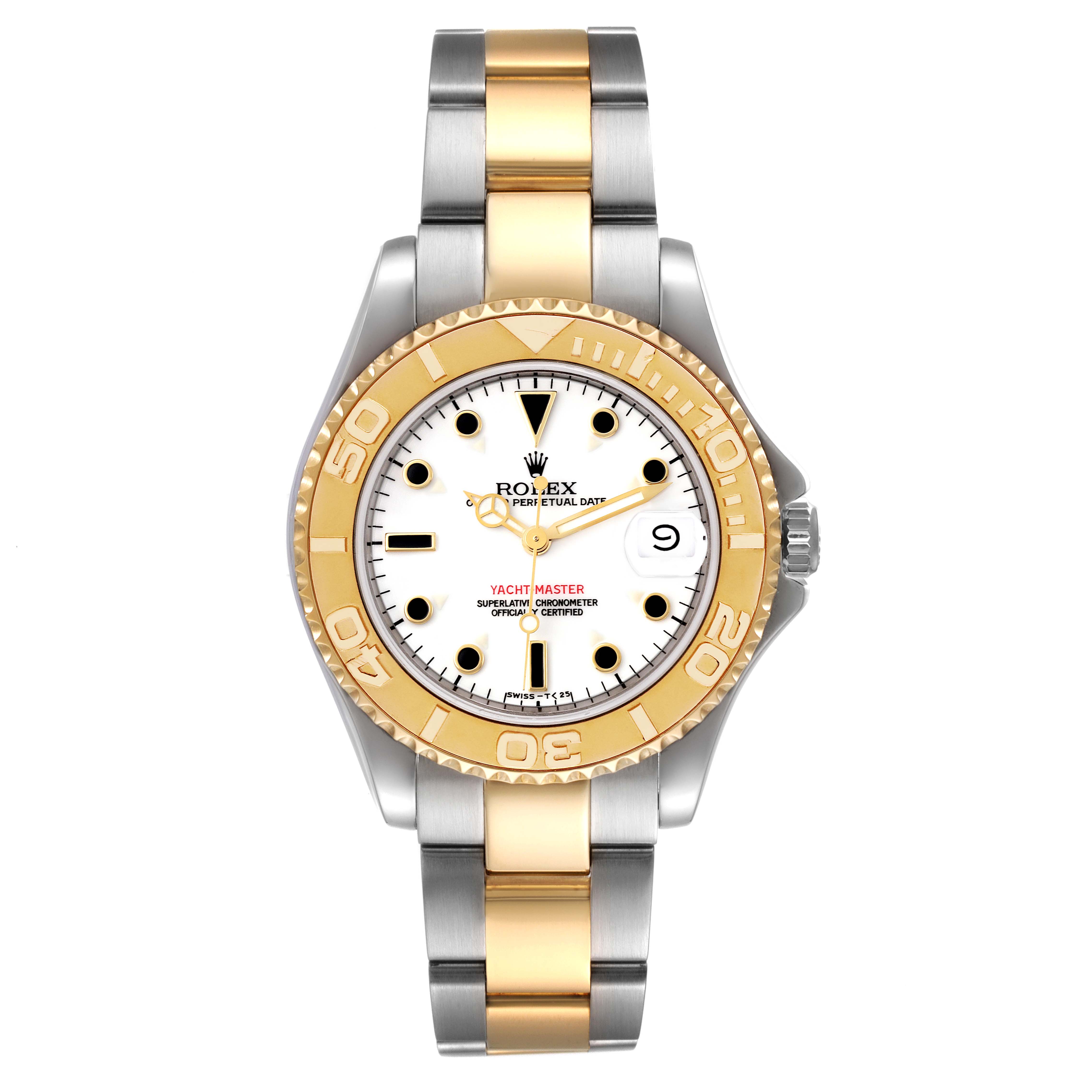 The image shows a front view of the Rolex Yacht-Master 68623 Men
s Steel and Gold (two tone) White Dial 68623 Men
s Steel and Gold (two tone) White Dial watch, displaying its two-tone bracelet, dial, and bezel.