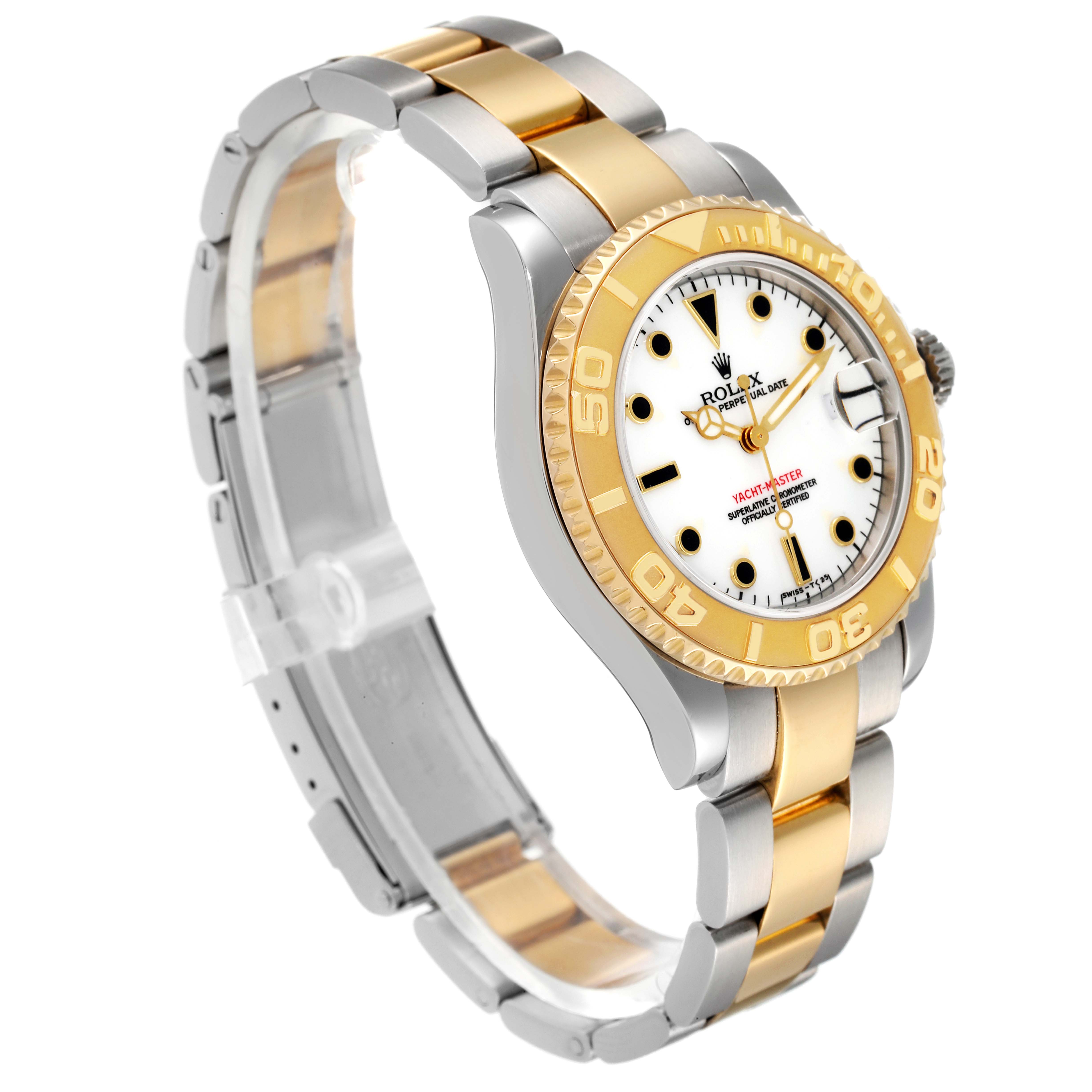 This image shows a Rolex Yacht-Master 68623 Men
s Steel and Gold (two tone) White Dial 68623 Men
s Steel and Gold (two tone) White Dial watch at an oblique angle, highlighting its two-tone bracelet and bezel.