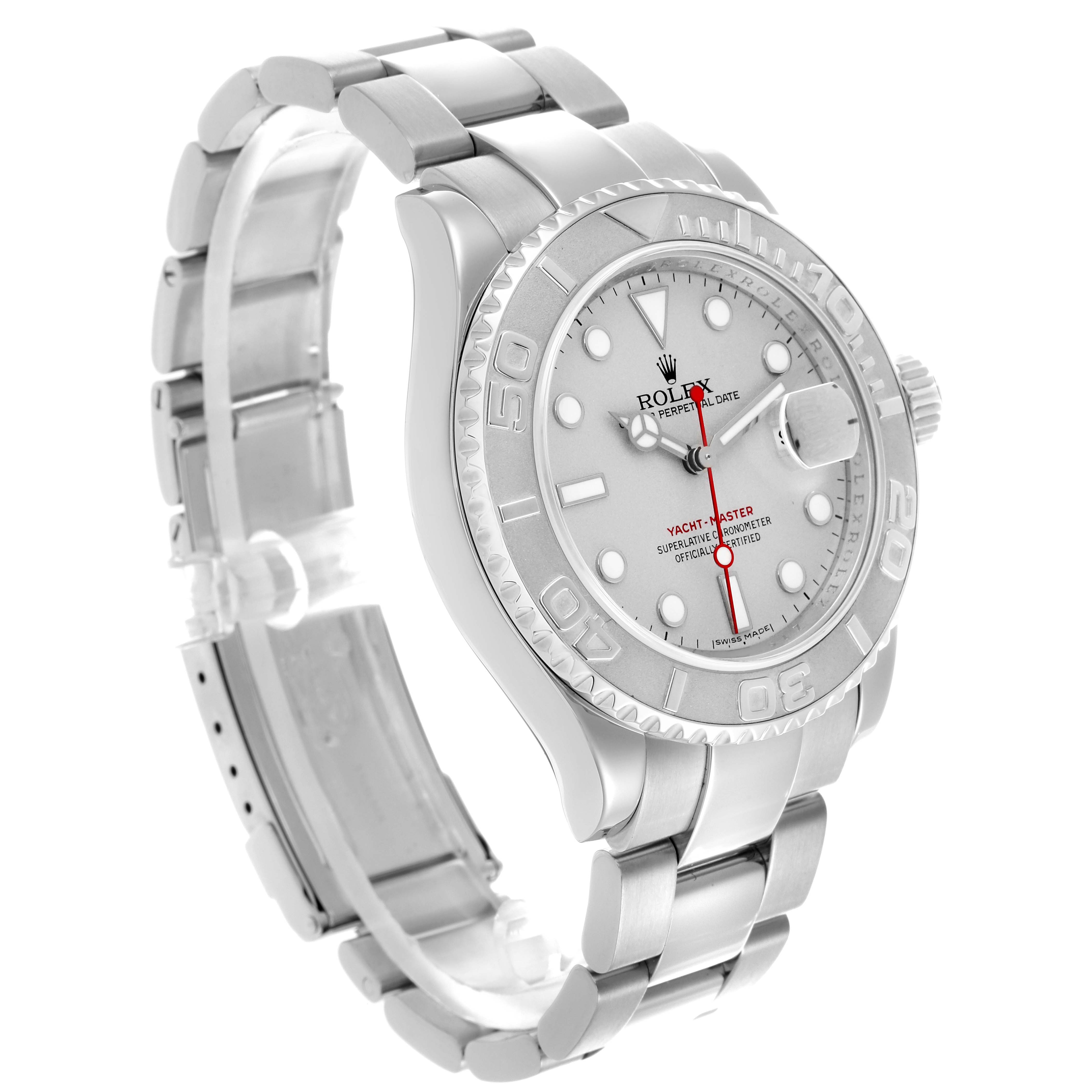 The Rolex Yacht-Master 16622 Men's Stainless Steel Silver Dial 16622 Men's Stainless Steel Silver Dial watch is shown at a three-quarter angle, highlighting the face, bezel, crown, and bracelet.