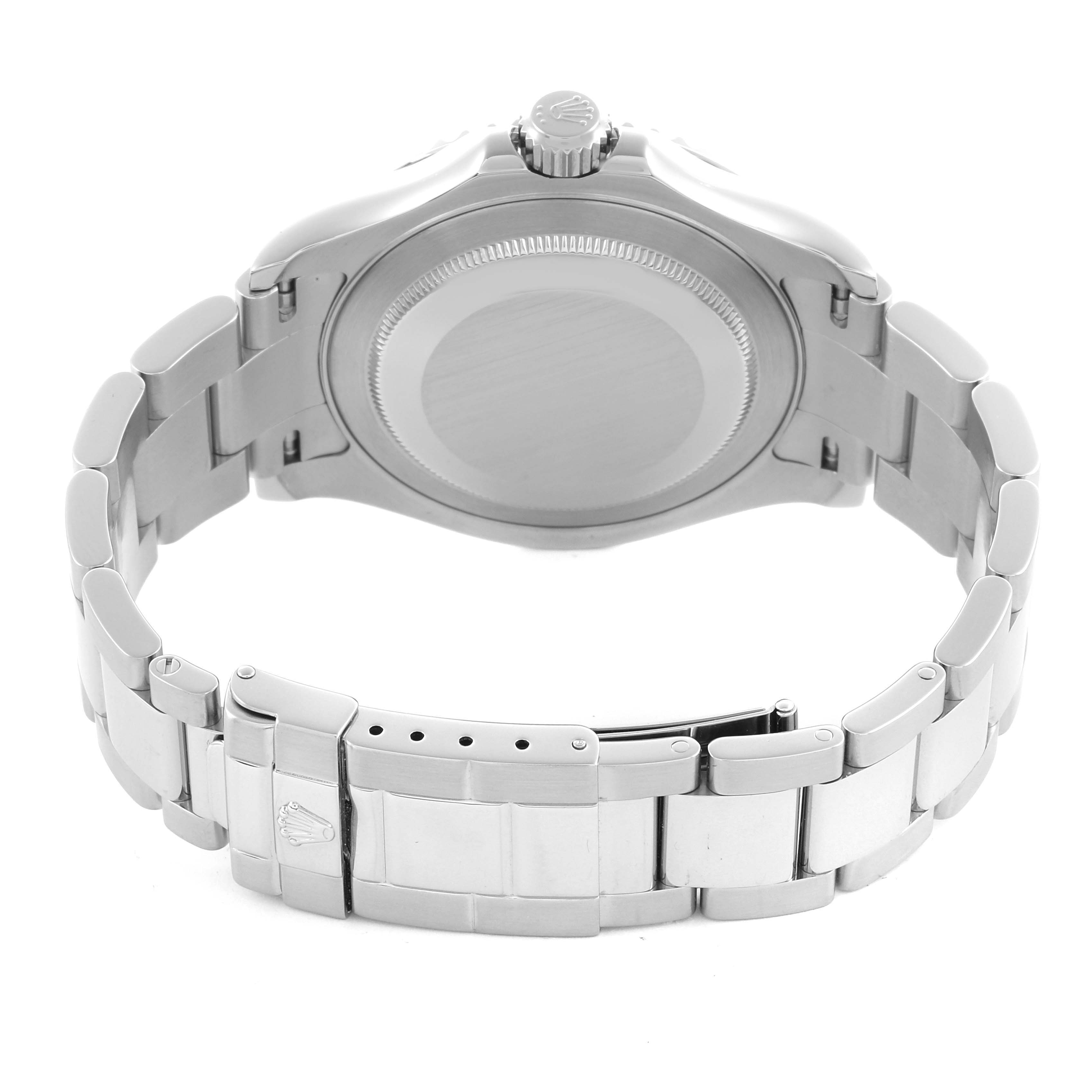 The image shows the back view of the Rolex Yacht-Master 16622 Men's Stainless Steel Silver Dial 16622 Men's Stainless Steel Silver Dial watch, featuring the case back, crown, and bracelet with clasp.
